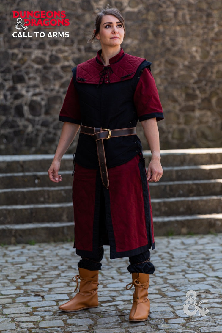 Dungeons & Dragons Fighter Garment Set featuring a Bordeaux tunic, quilted vest, and quilted shoulders, designed for cosplay and gaming.