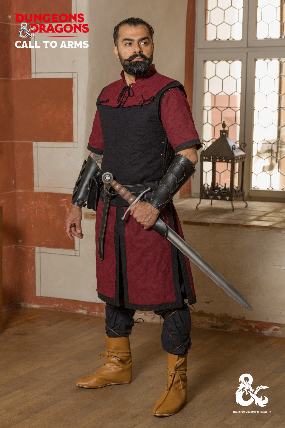 Dungeons & Dragons Fighter Garment Set featuring a Bordeaux tunic, quilted vest, and quilted shoulders, designed for cosplay and gaming.