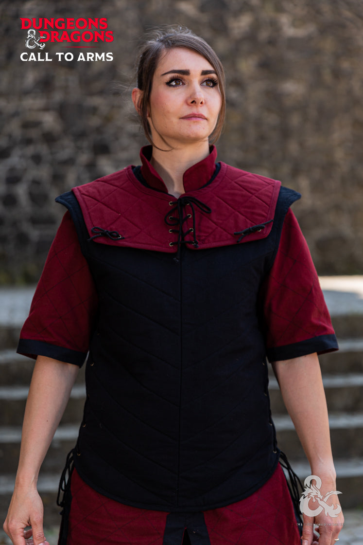 Dungeons & Dragons Fighter Garment Set featuring a Bordeaux tunic, quilted vest, and quilted shoulders, designed for cosplay and gaming.