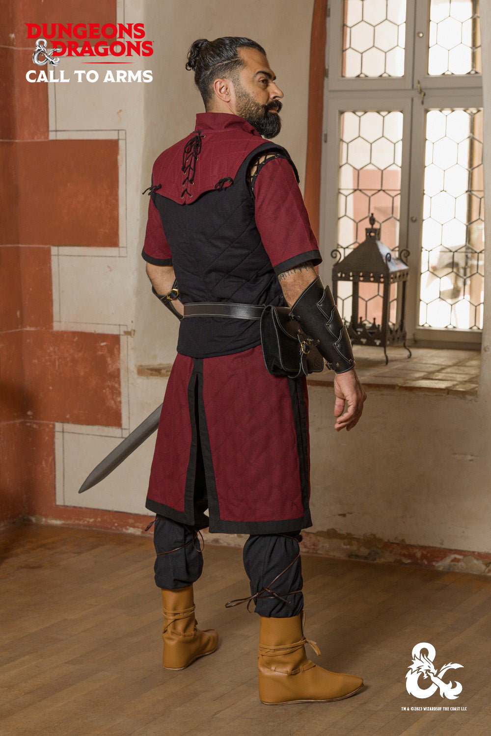 Dungeons & Dragons Fighter Garment Set featuring a Bordeaux tunic, quilted vest, and quilted shoulders, designed for cosplay and gaming.