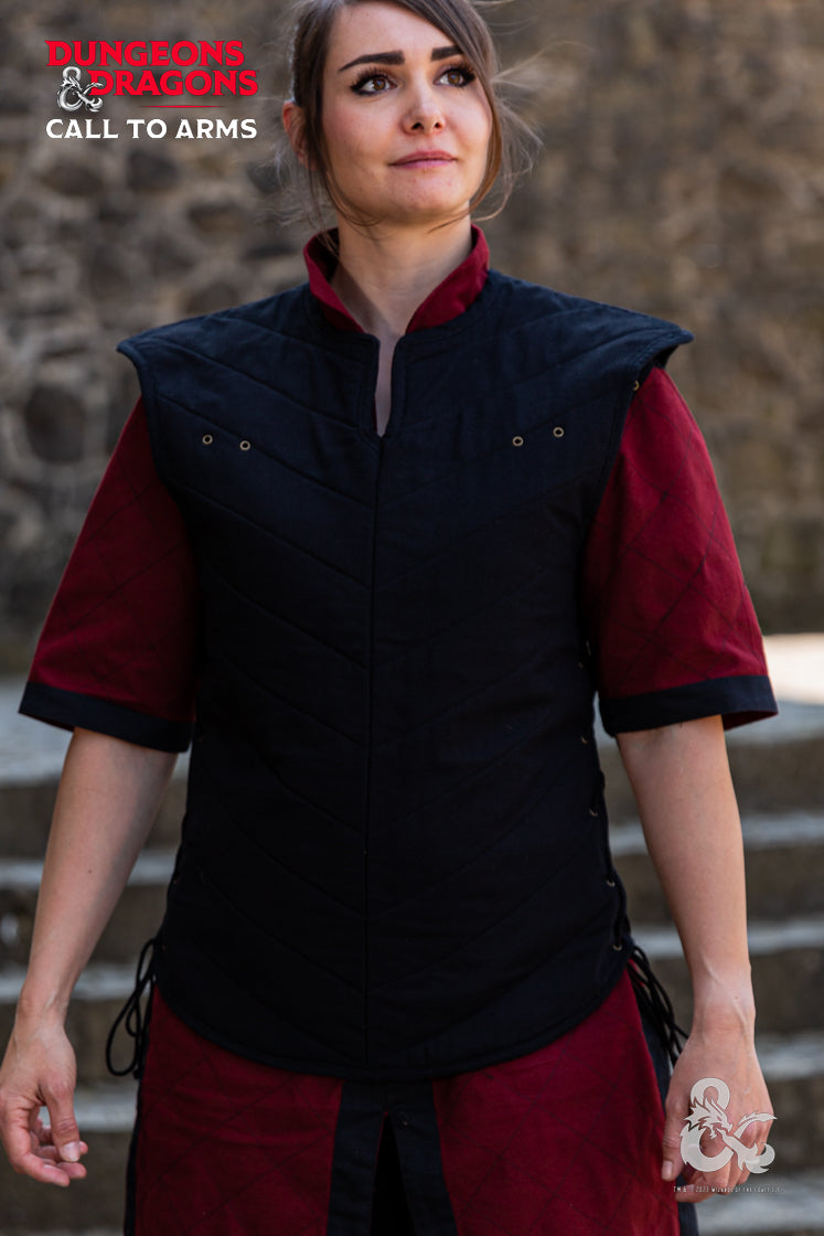 Dungeons & Dragons Fighter Garment Set featuring a Bordeaux tunic, quilted vest, and quilted shoulders, designed for cosplay and gaming.