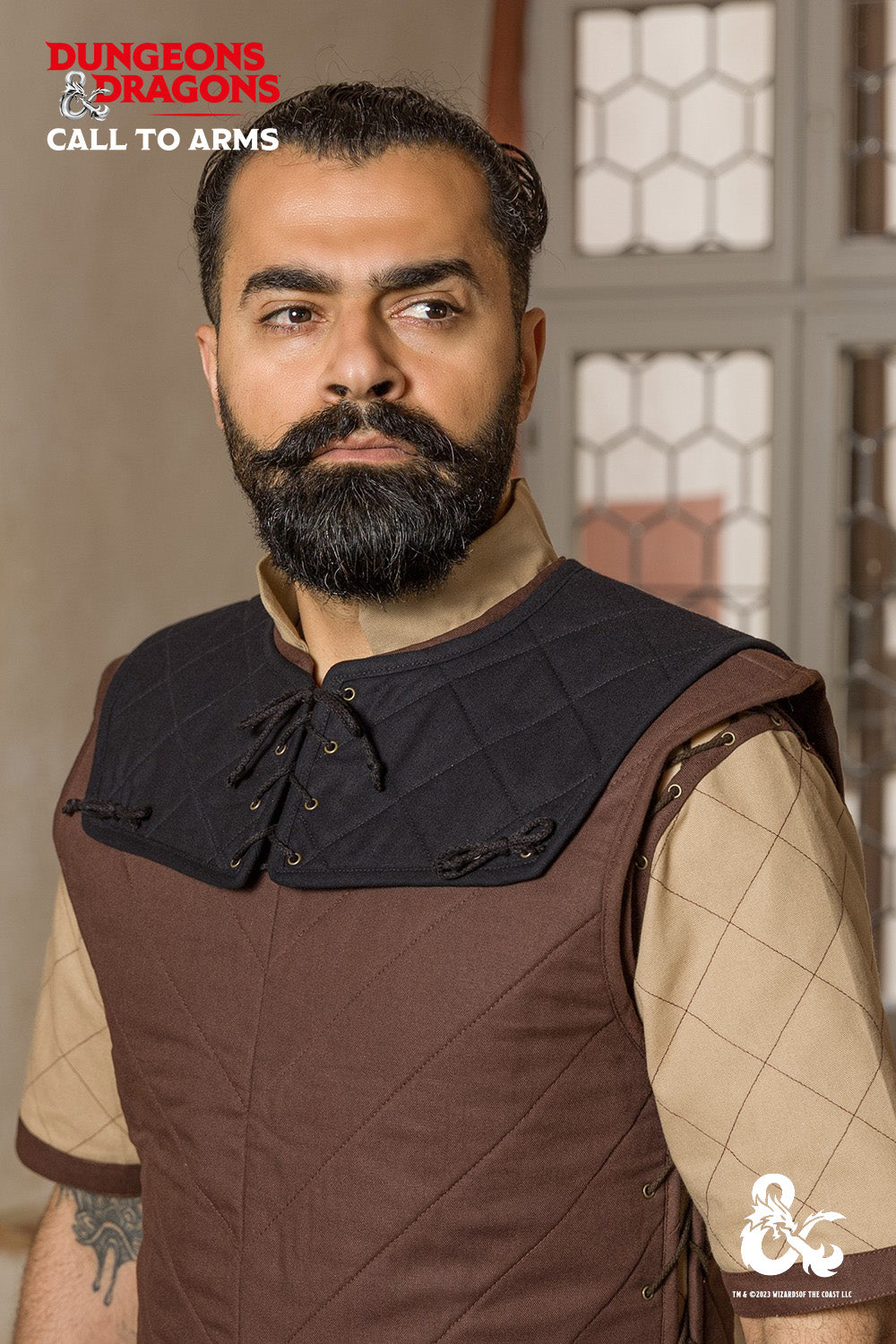 Dungeons & Dragons Fighter Gorget in Black featuring quilted shoulders and lace detailing.