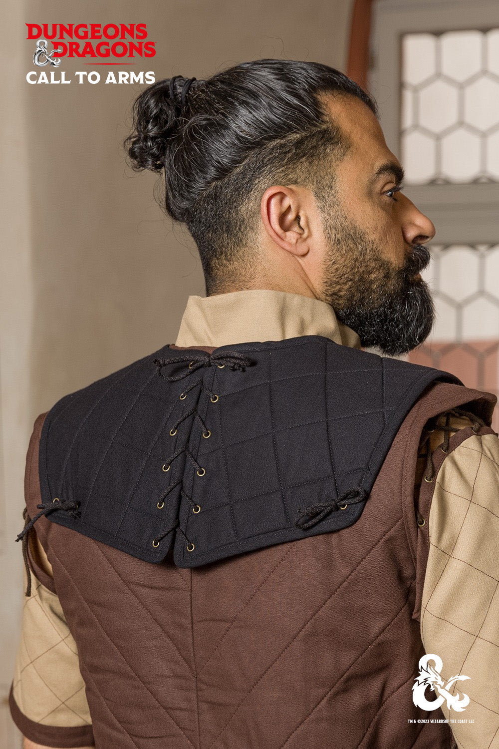 Dungeons & Dragons Fighter Gorget in Black featuring quilted shoulders and lace detailing.