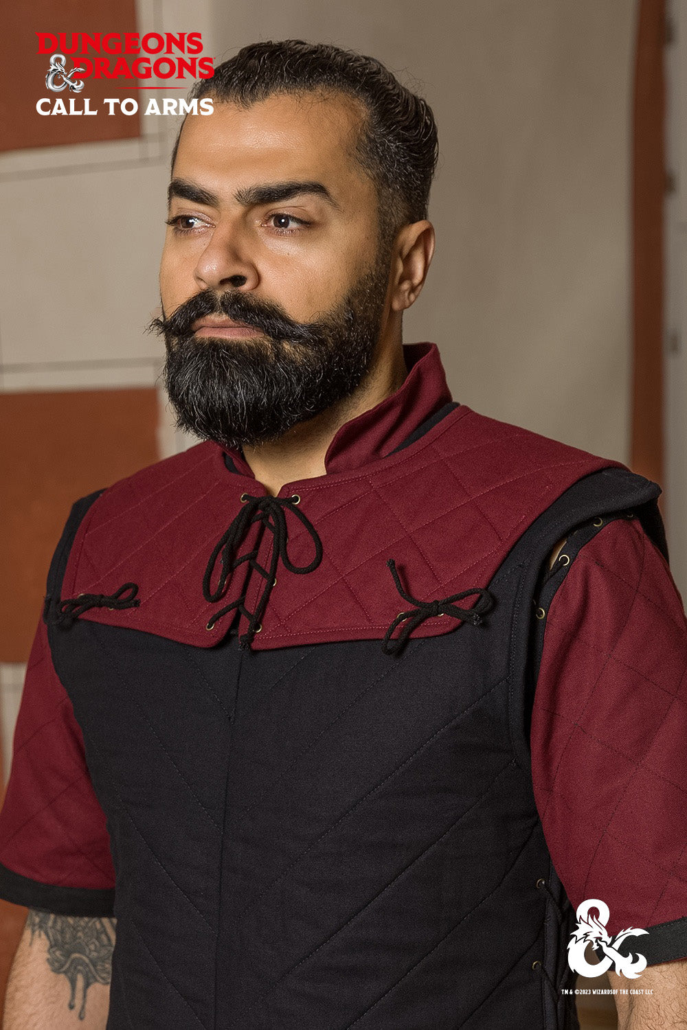Dungeons & Dragons Fighter Gorget in Bordeaux, featuring quilted padding and elegant lace detailing.