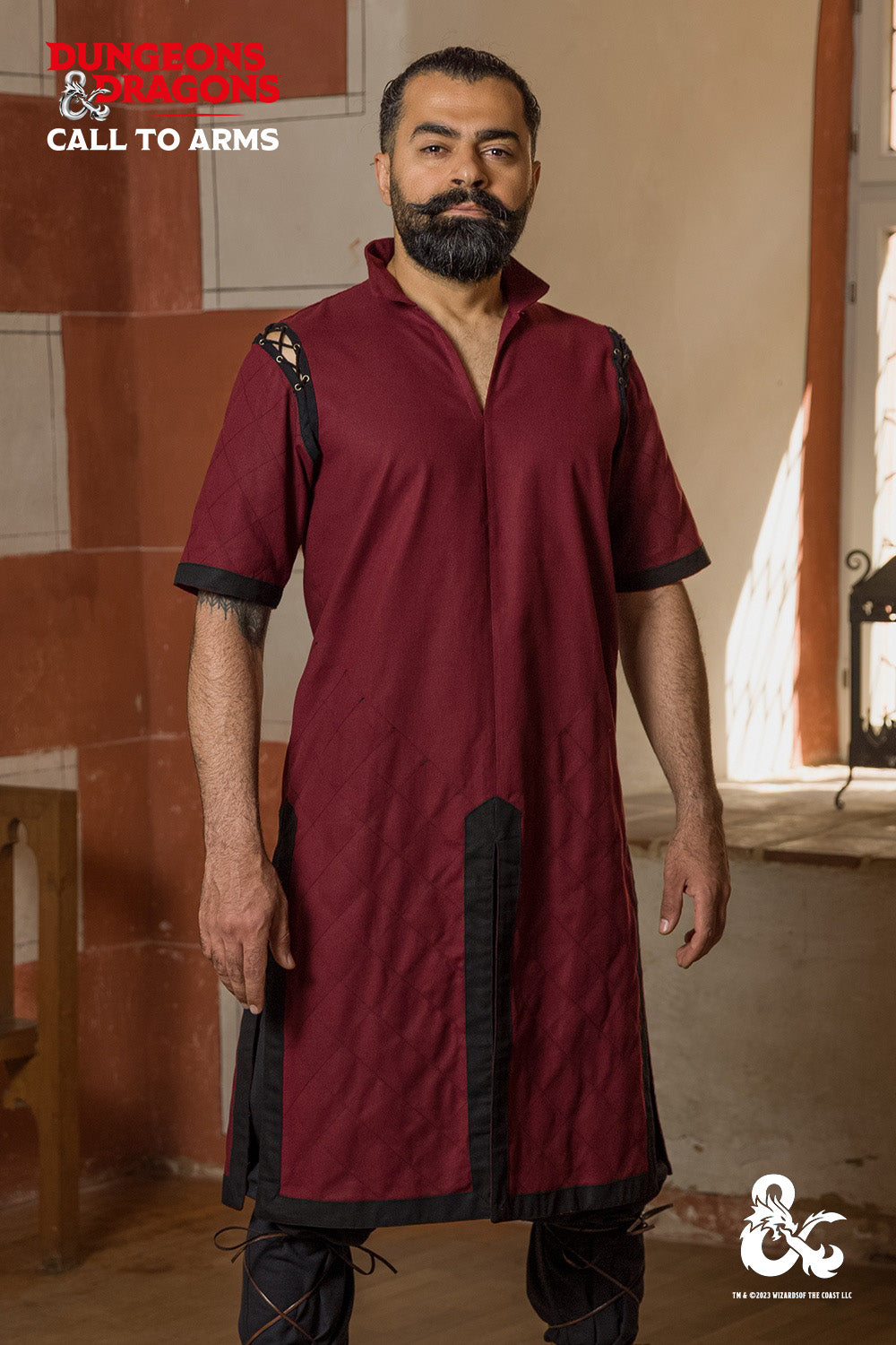 Dungeons & Dragons Fighter Tunic in Bordeaux and Black with standup collar and quilted short sleeves.