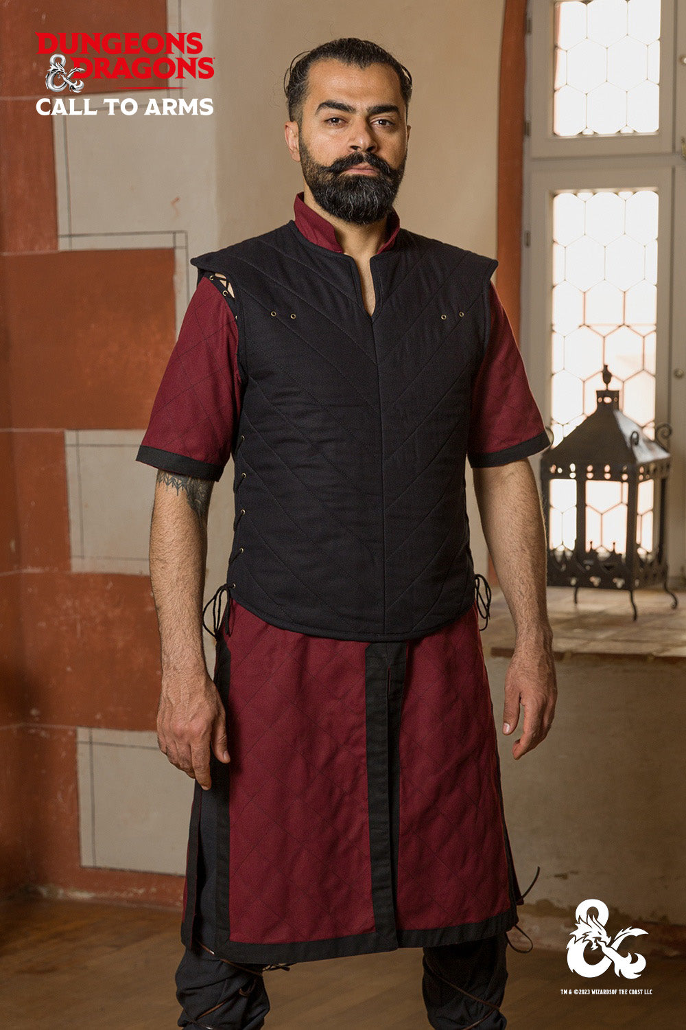 Dungeons & Dragons Fighter Vest in black, featuring quilted padding and adjustable lacing on both sides for a perfect fit.