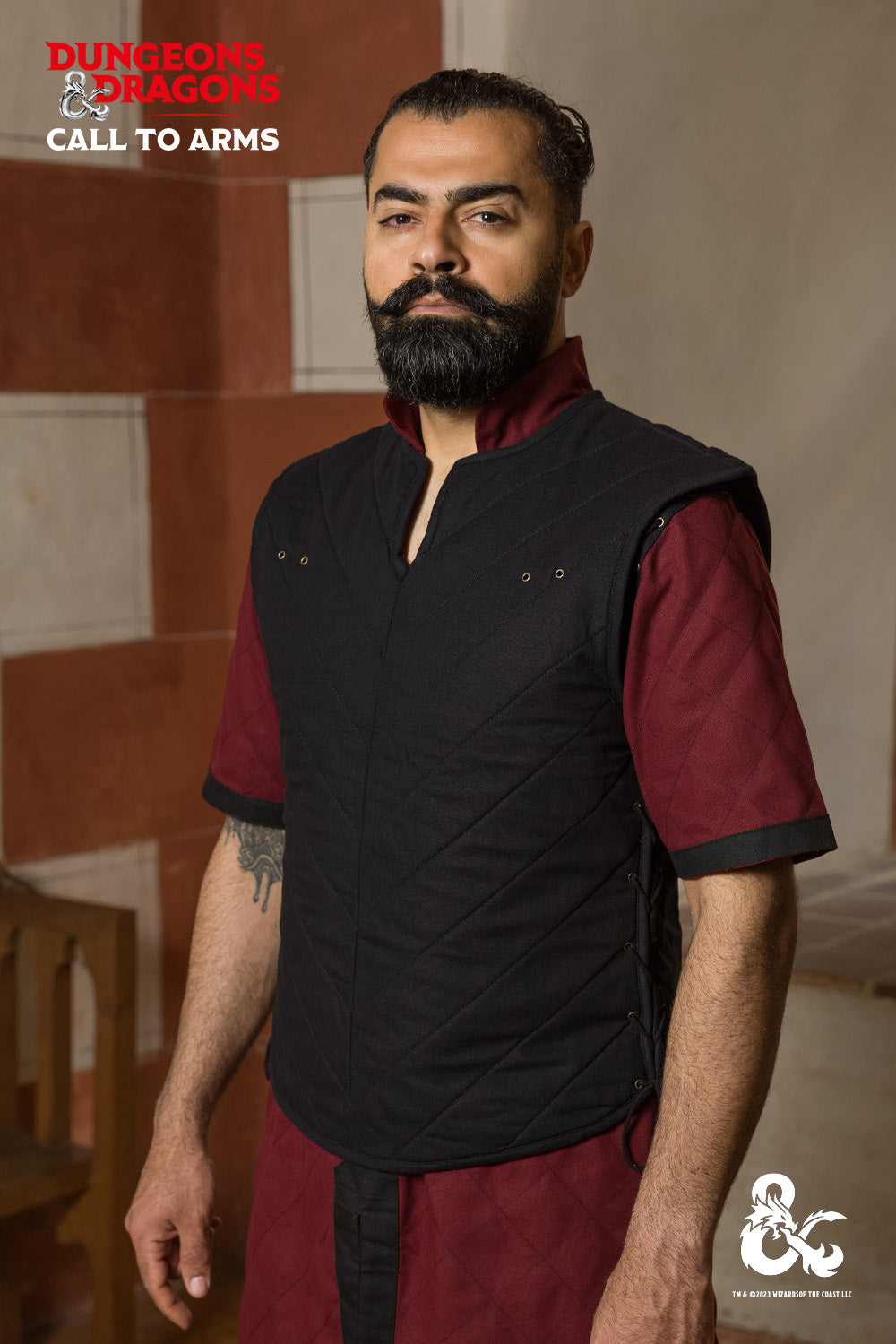 Dungeons & Dragons Fighter Vest in black, featuring quilted padding and adjustable lacing on both sides for a perfect fit.