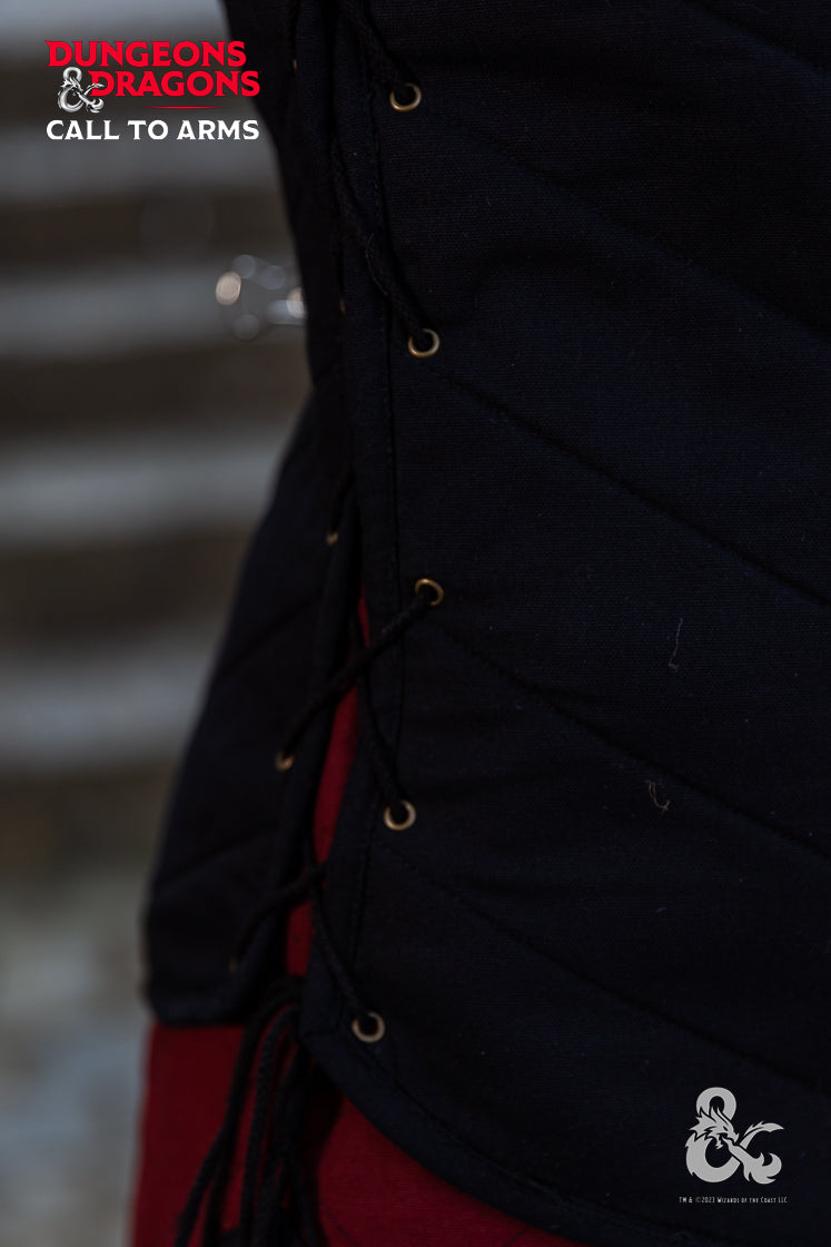 Dungeons & Dragons Fighter Vest in black, featuring quilted padding and adjustable lacing on both sides for a perfect fit.