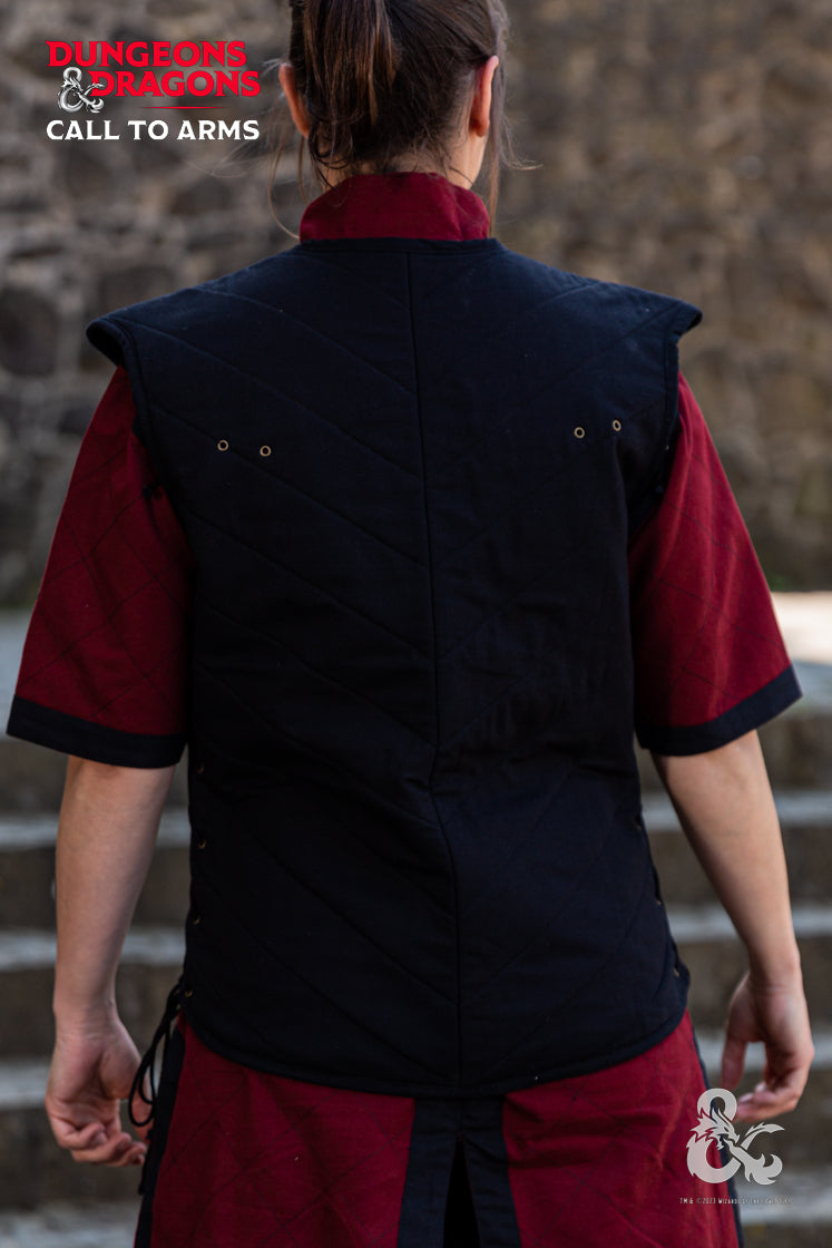 Dungeons & Dragons Fighter Vest in black, featuring quilted padding and adjustable lacing on both sides for a perfect fit.