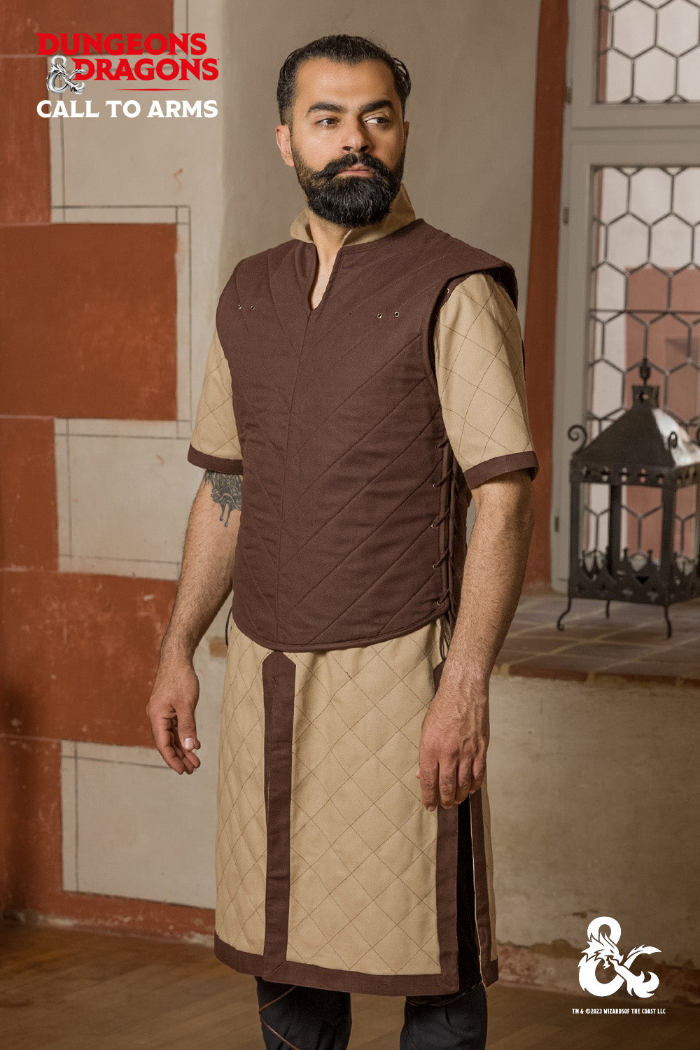 Brown Dungeons & Dragons Fighter Vest with quilted padding and adjustable lacing, designed for comfort and protection during campaigns.