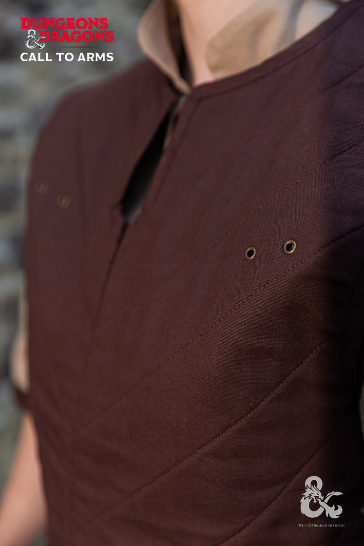 Brown Dungeons & Dragons Fighter Vest with quilted padding and adjustable lacing, designed for comfort and protection during campaigns.