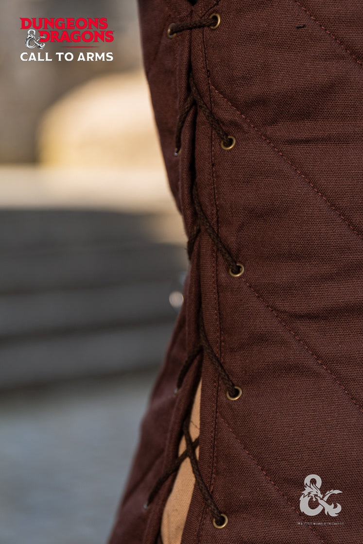 Brown Dungeons & Dragons Fighter Vest with quilted padding and adjustable lacing, designed for comfort and protection during campaigns.