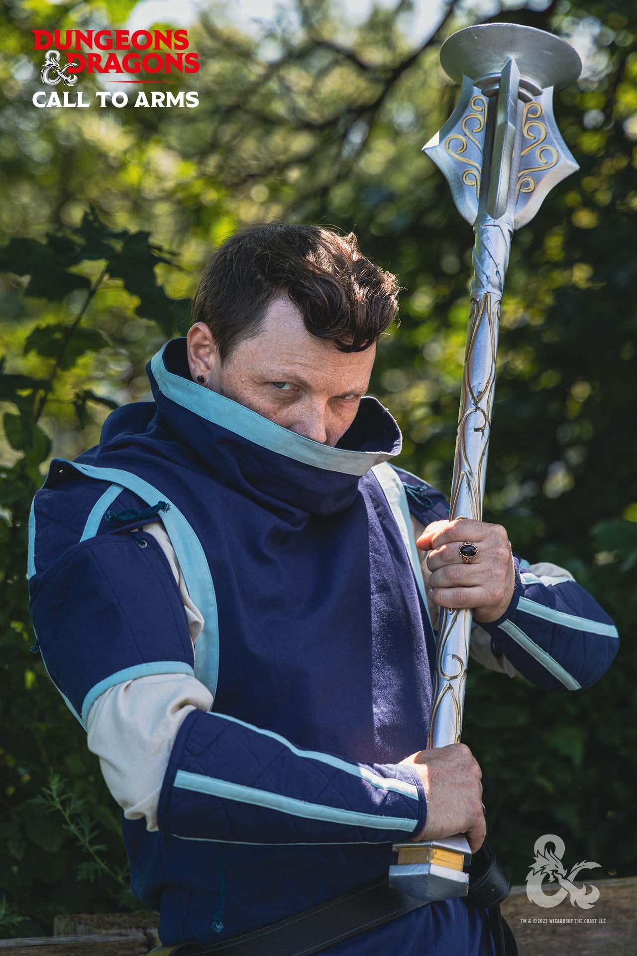 Dungeons & Dragons Foam Cleric Mace with intricate gold design, perfect for LARP and cosplay, showcasing its lightweight and safe construction.