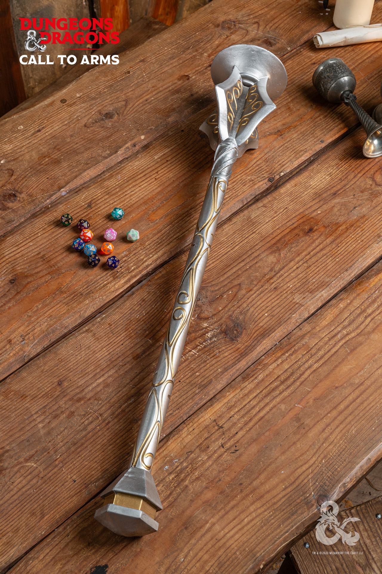 Dungeons & Dragons Foam Cleric Mace with intricate gold design, perfect for LARP and cosplay, showcasing its lightweight and safe construction.