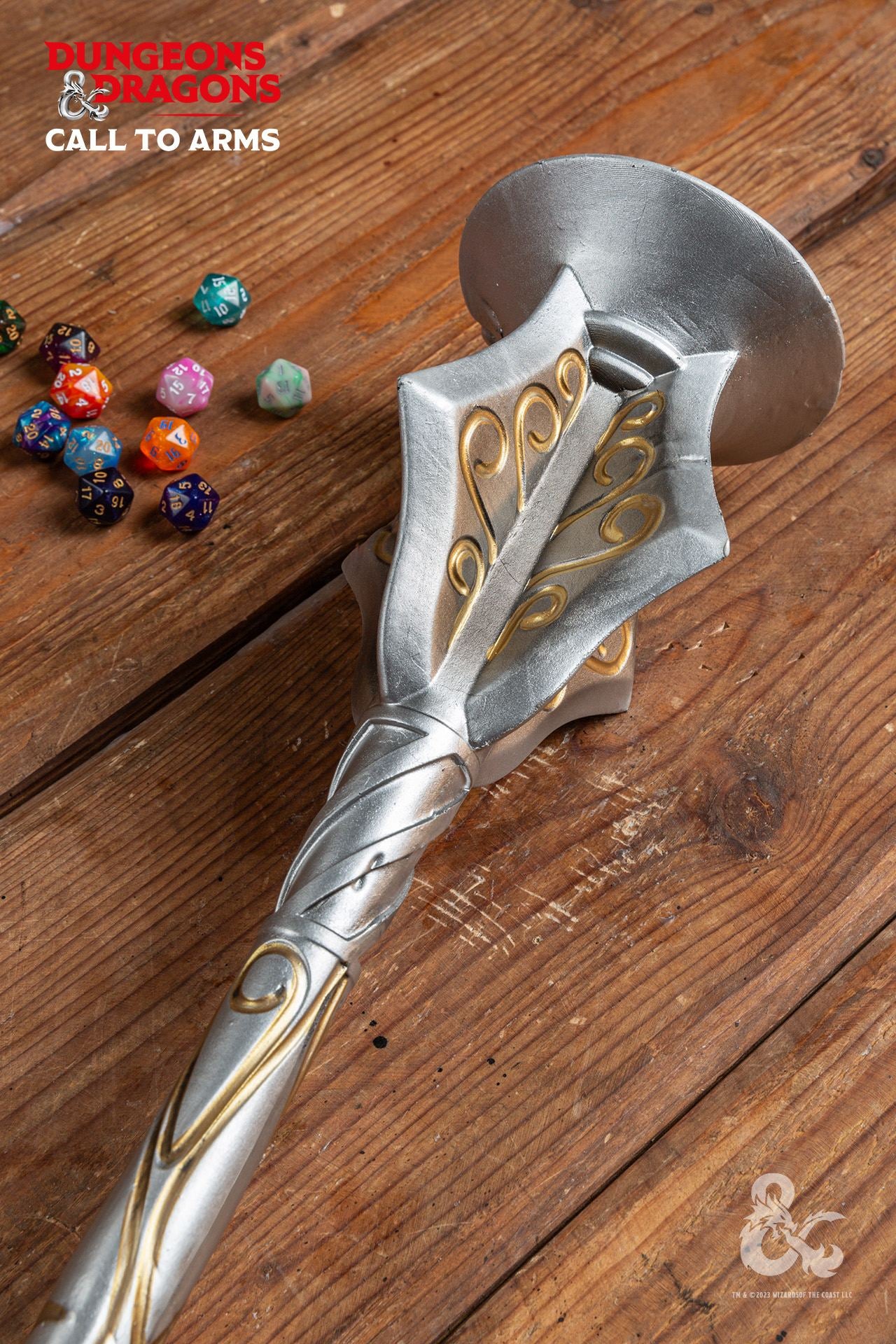 Dungeons & Dragons Foam Cleric Mace with intricate gold design, perfect for LARP and cosplay, showcasing its lightweight and safe construction.