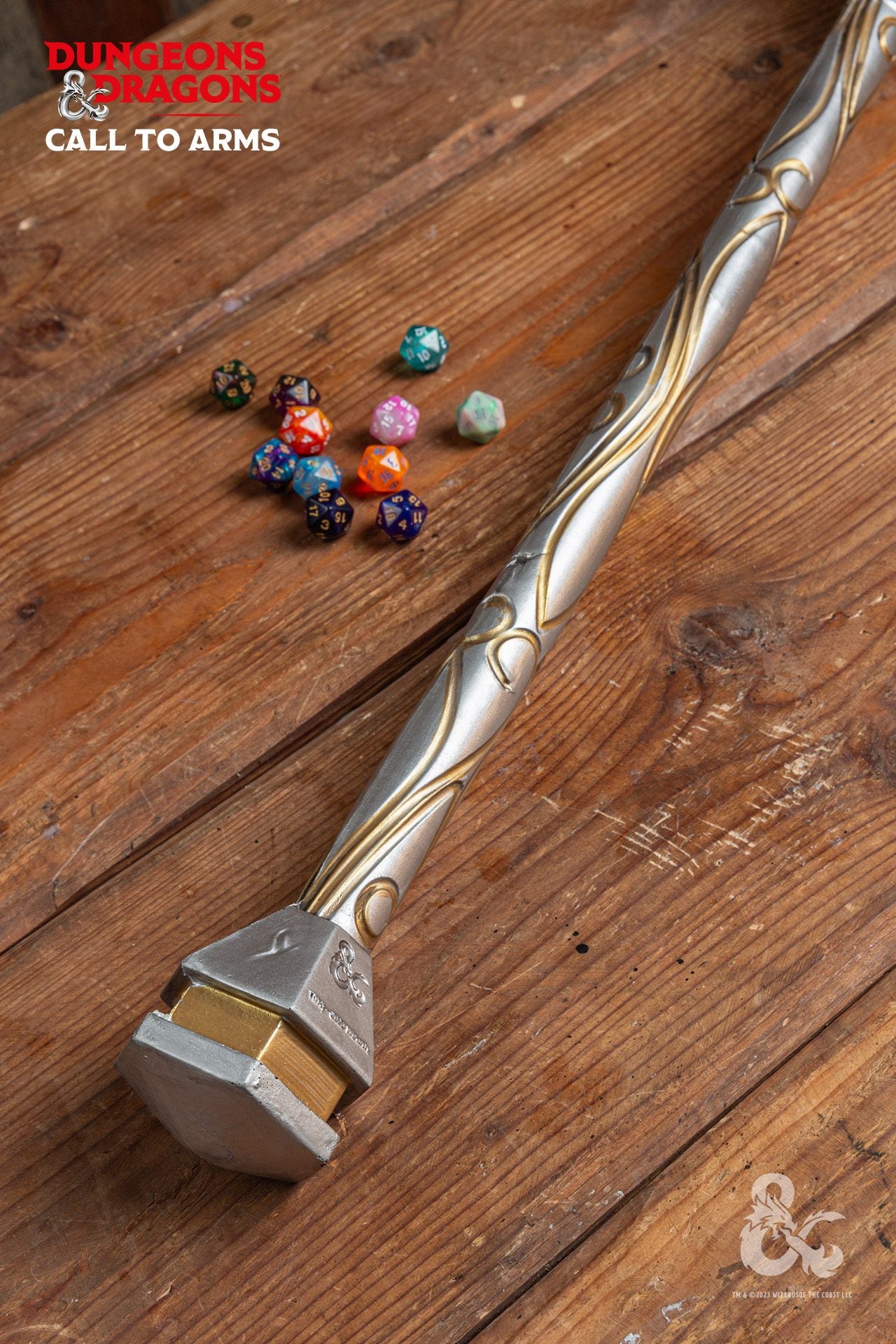 Dungeons & Dragons Foam Cleric Mace with intricate gold design, perfect for LARP and cosplay, showcasing its lightweight and safe construction.