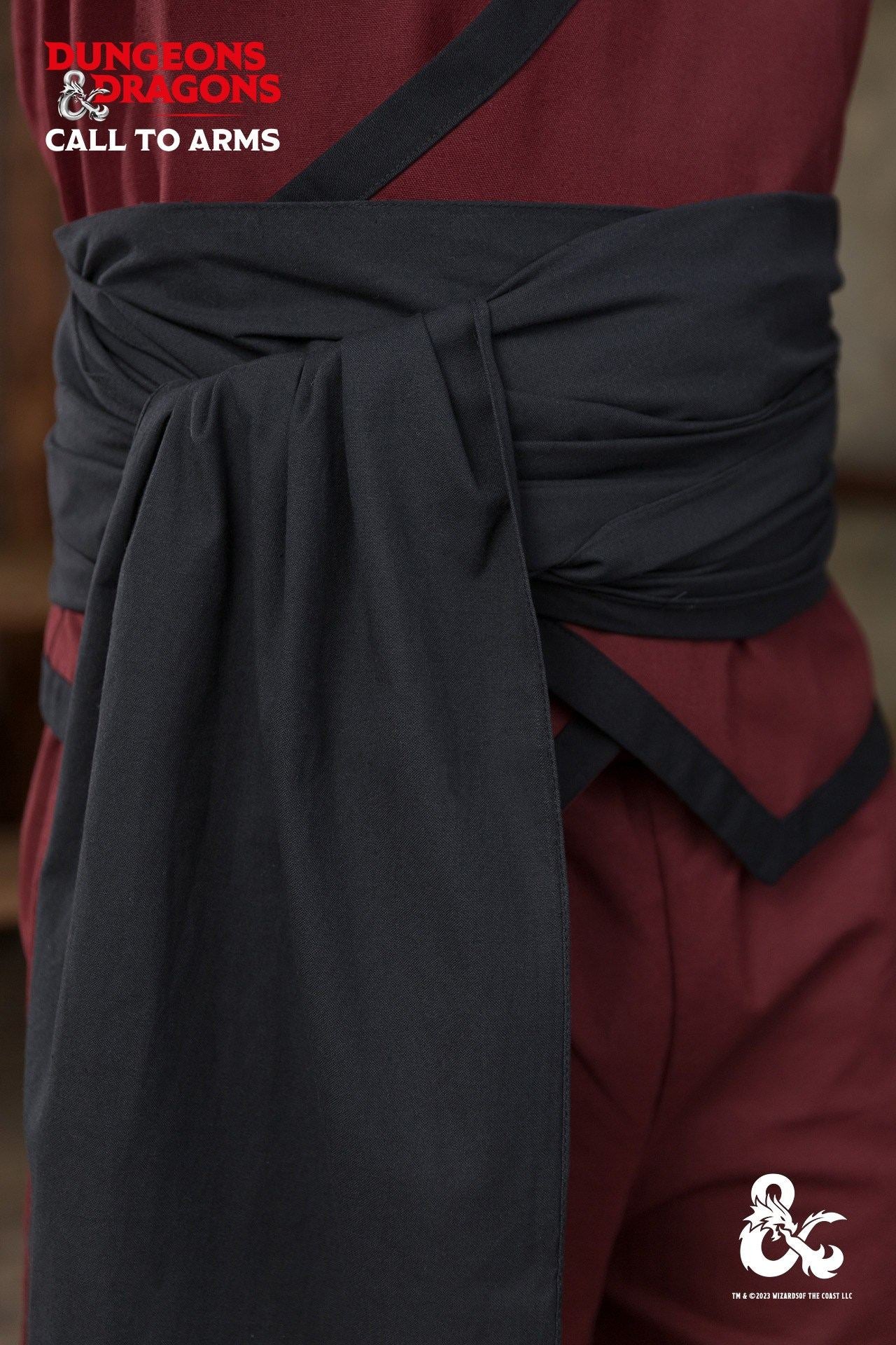 Black Dungeons & Dragons Monk Belt wrapped around a waist, showcasing its versatile design and elegant style.