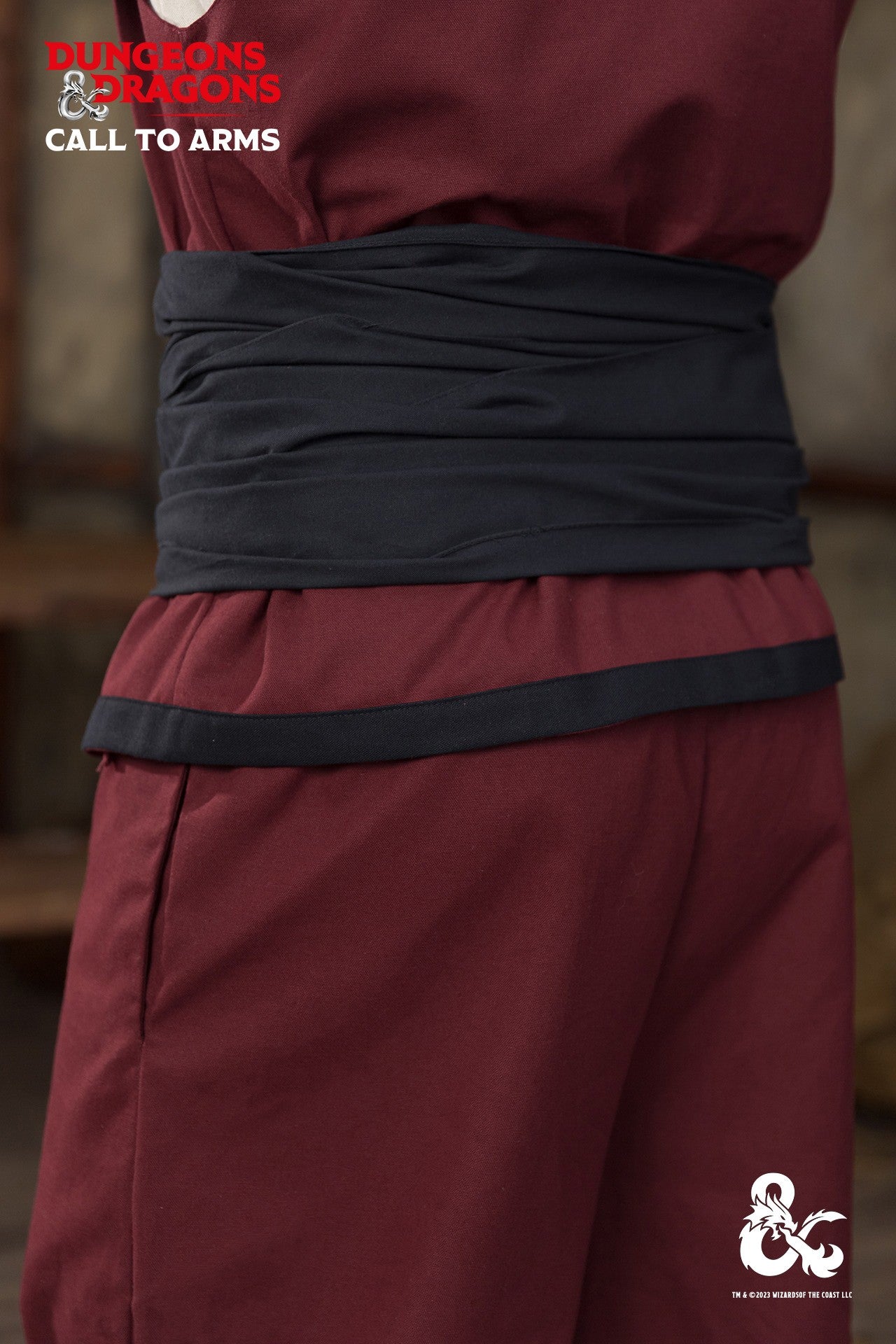 Black Dungeons & Dragons Monk Belt wrapped around a waist, showcasing its versatile design and elegant style.