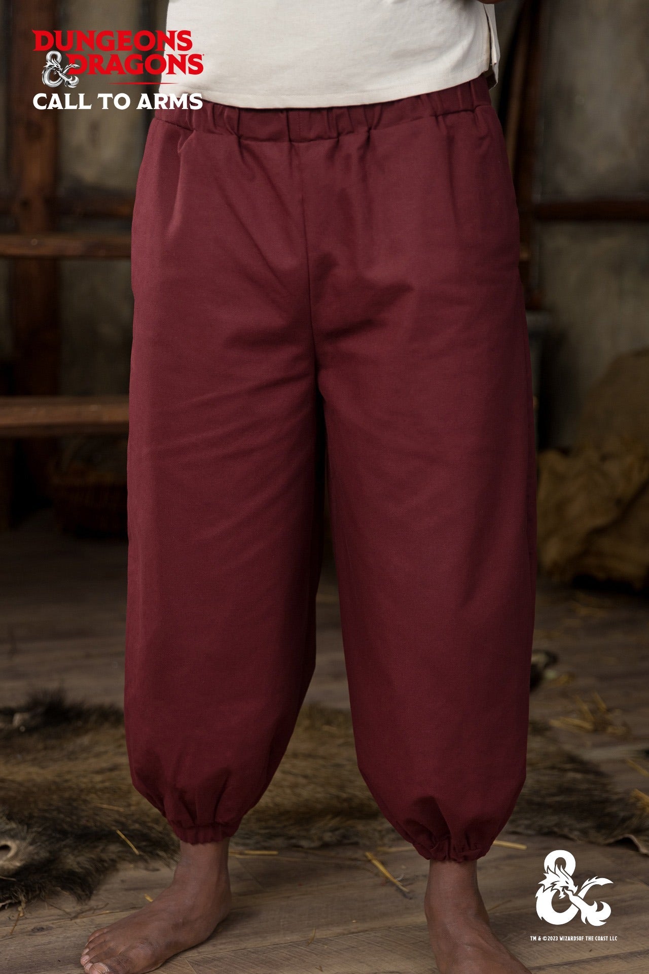 Dungeons & Dragons Monk Trousers in Bordeaux with elastic waistband and cuffs, featuring side seam pockets.