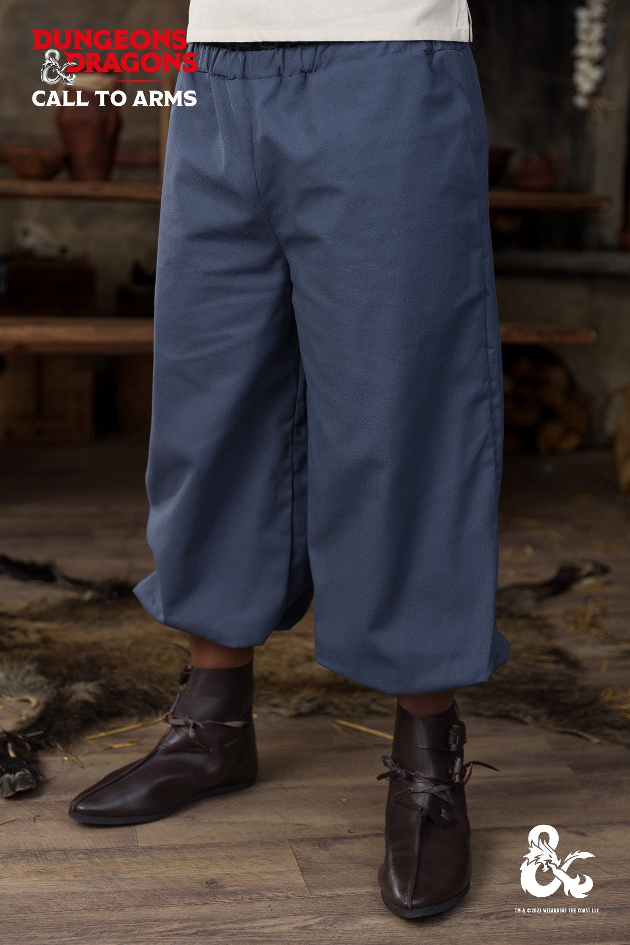 Dungeons & Dragons Monk Trousers in Woad Blue with elastic waistband and cuffs, featuring side seam pockets.