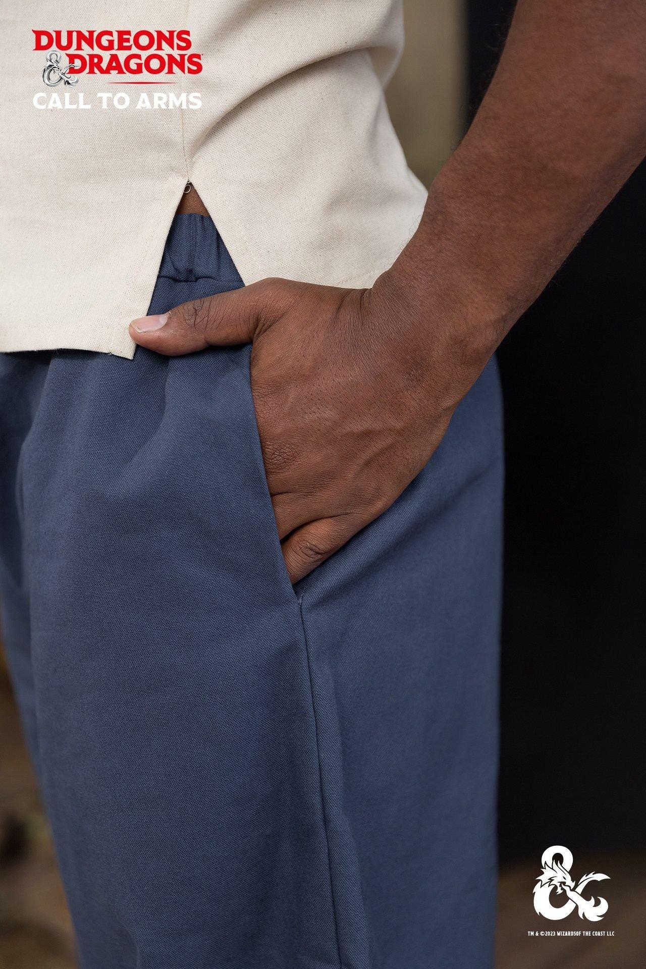 Dungeons & Dragons Monk Trousers in Woad Blue with elastic waistband and cuffs, featuring side seam pockets.