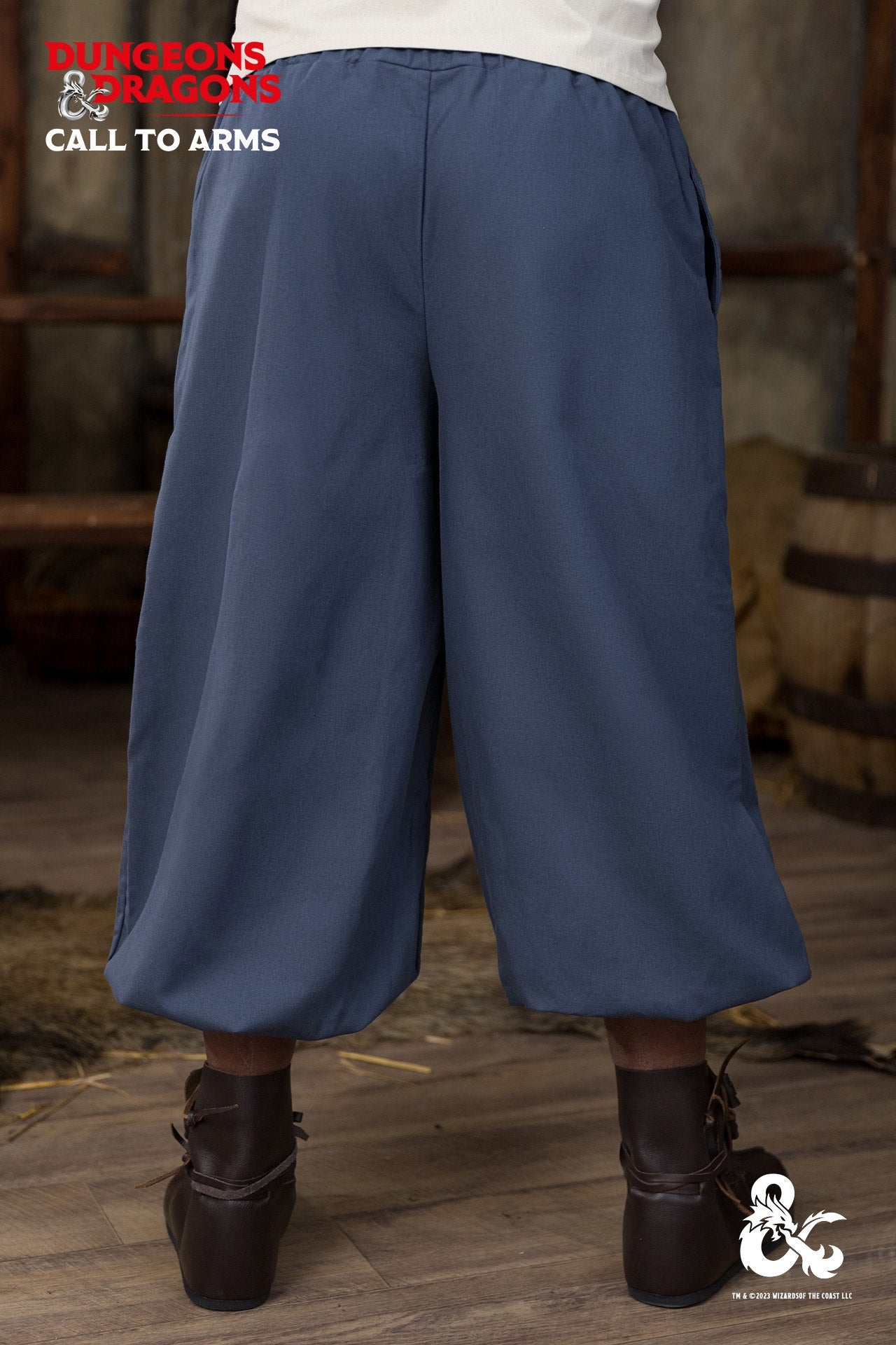 Dungeons & Dragons Monk Trousers in Woad Blue with elastic waistband and cuffs, featuring side seam pockets.