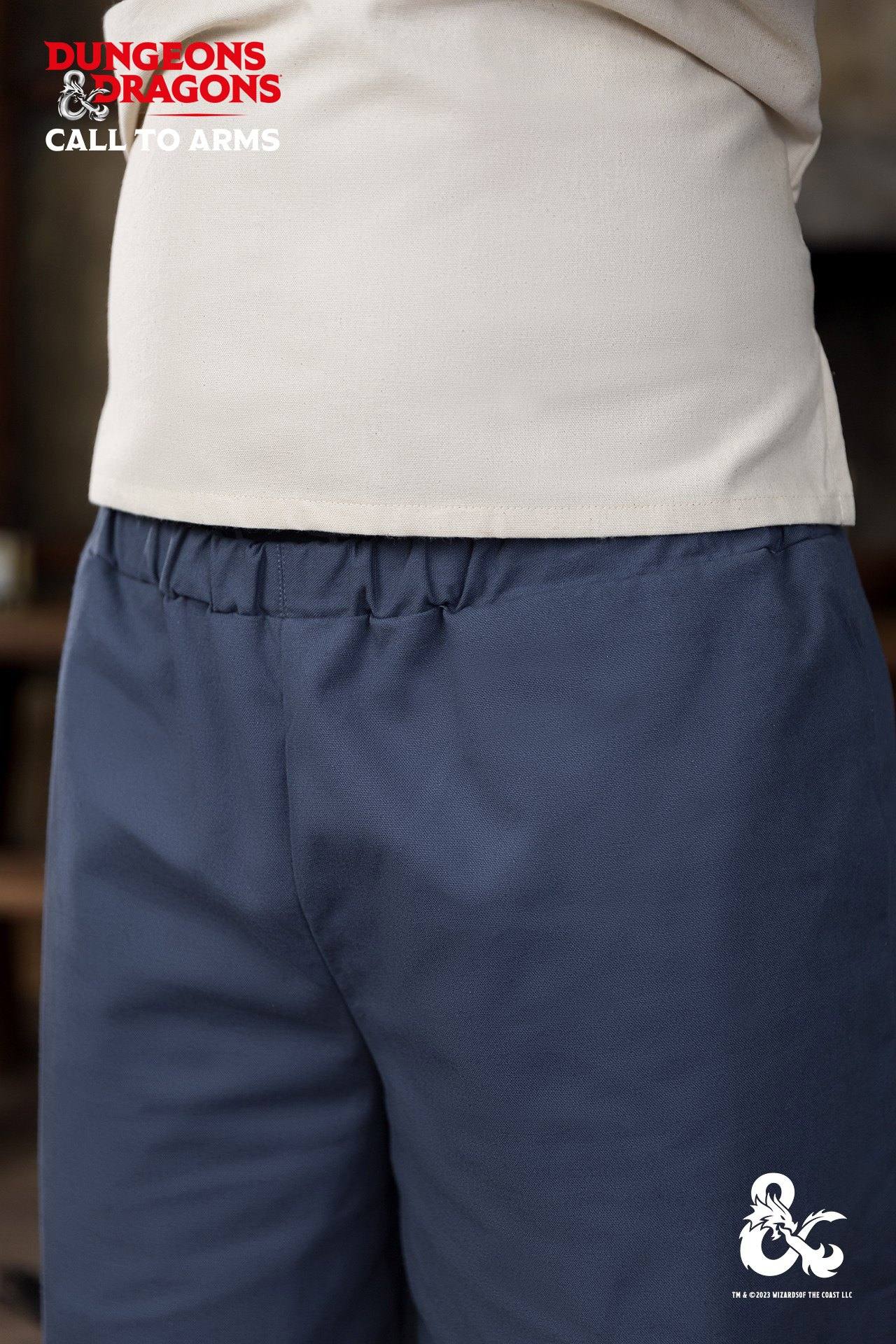 Dungeons & Dragons Monk Trousers in Woad Blue with elastic waistband and cuffs, featuring side seam pockets.