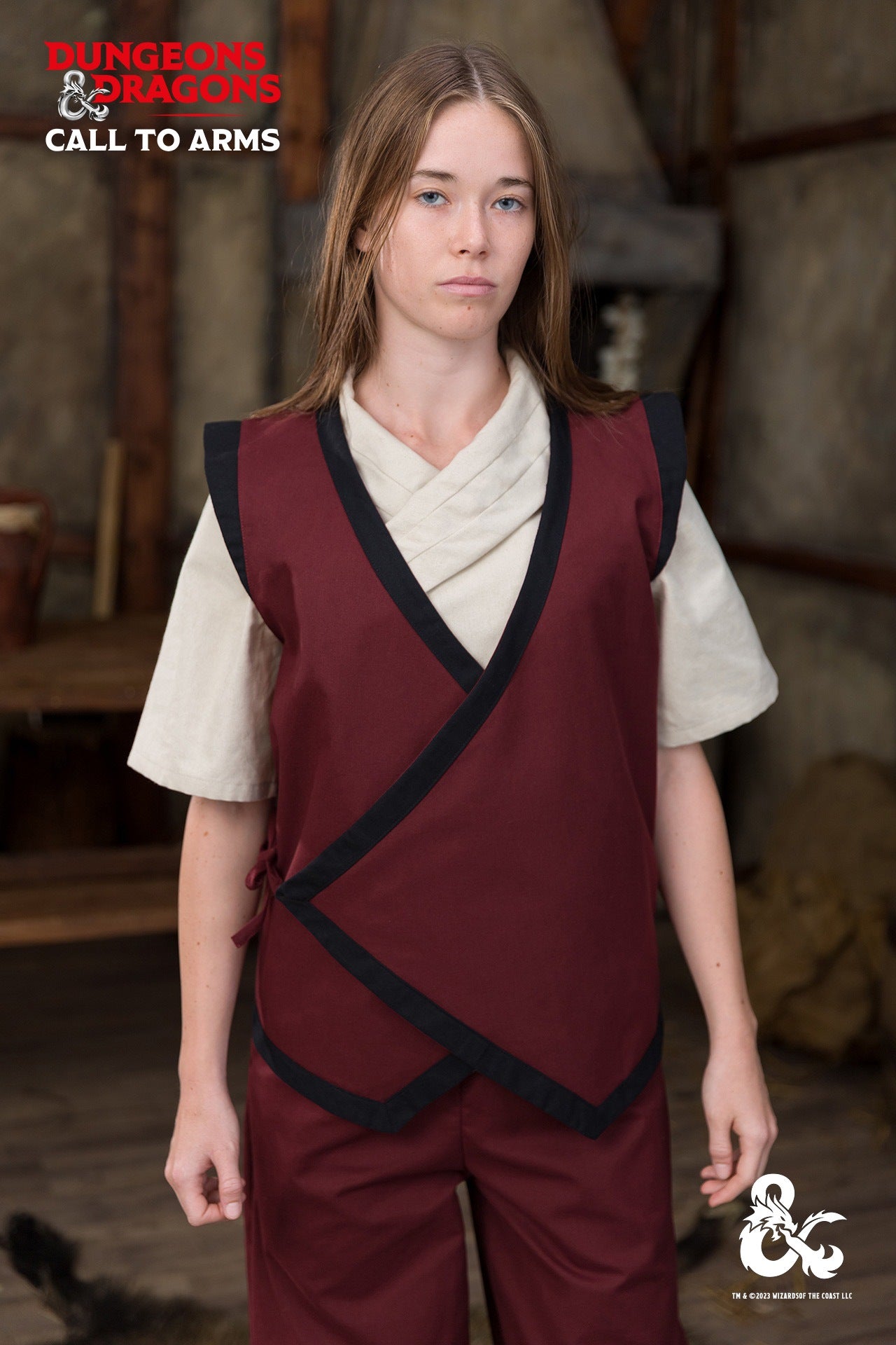 Dungeons & Dragons Monk Vest in Bordeaux and Black with contrast trims, showcasing a wrapped front design.