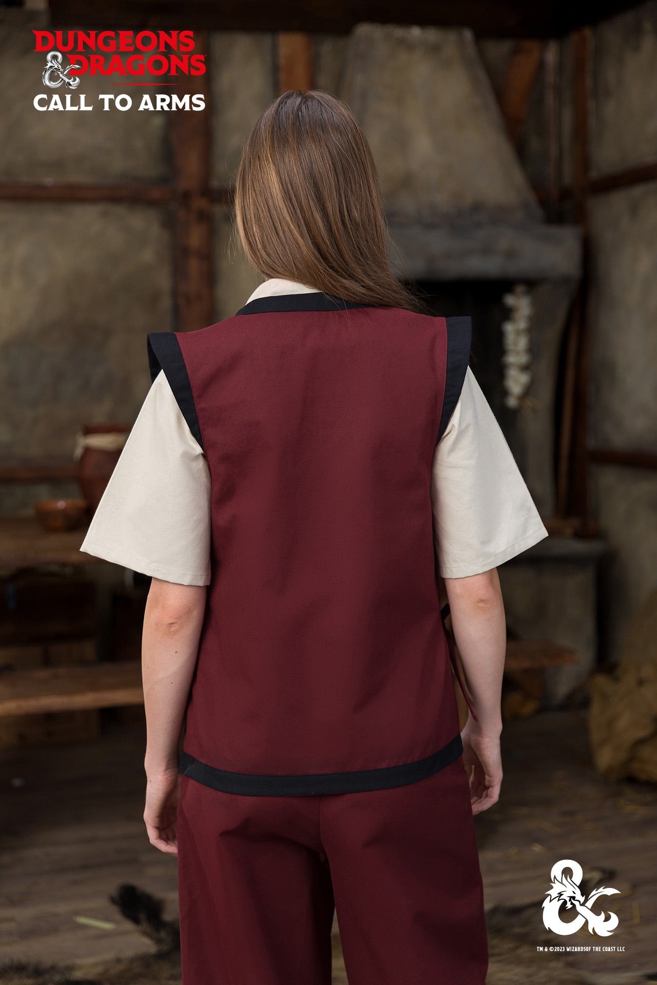 Dungeons & Dragons Monk Vest in Bordeaux and Black with contrast trims, showcasing a wrapped front design.