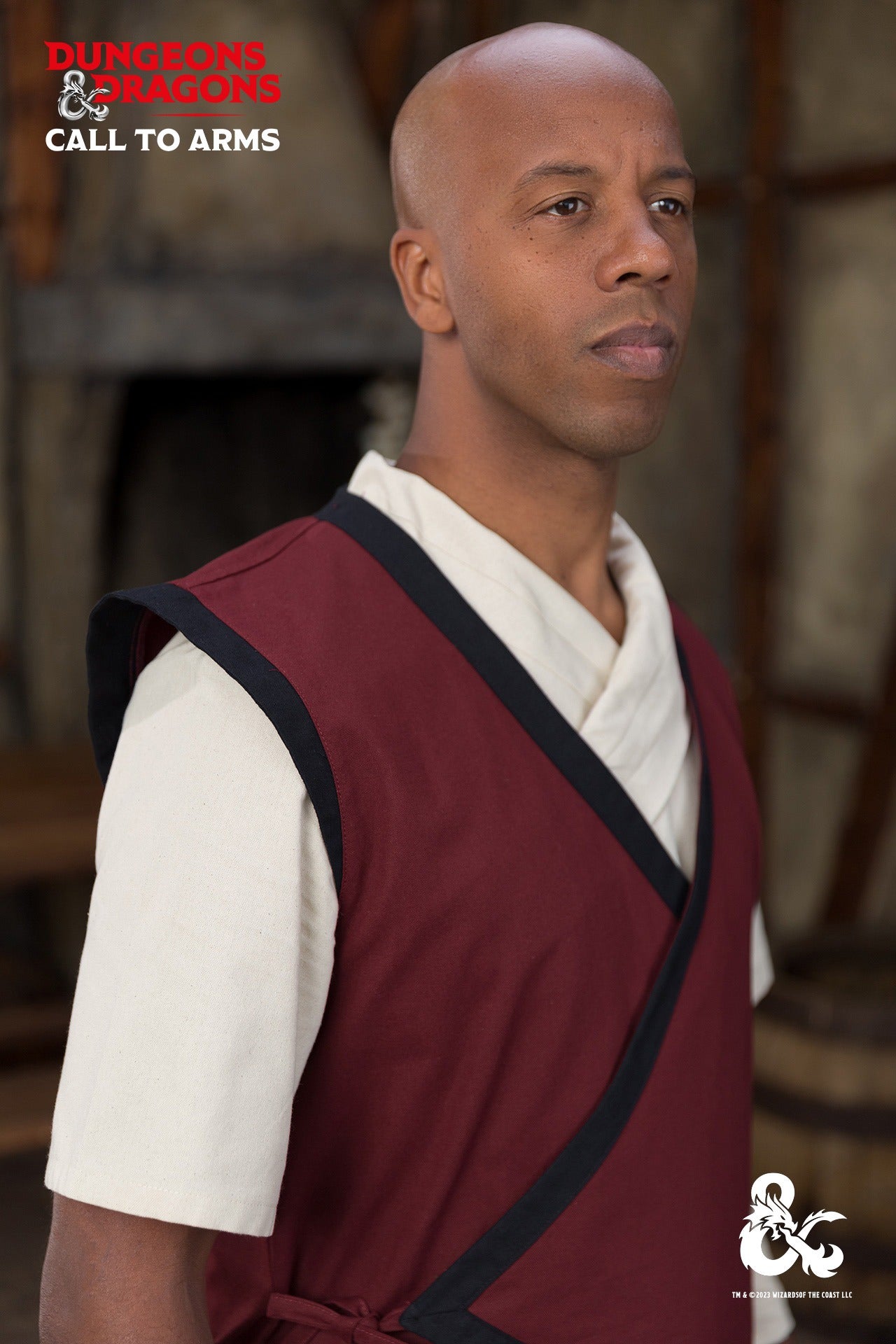 Dungeons & Dragons Monk Vest in Bordeaux and Black with contrast trims, showcasing a wrapped front design.