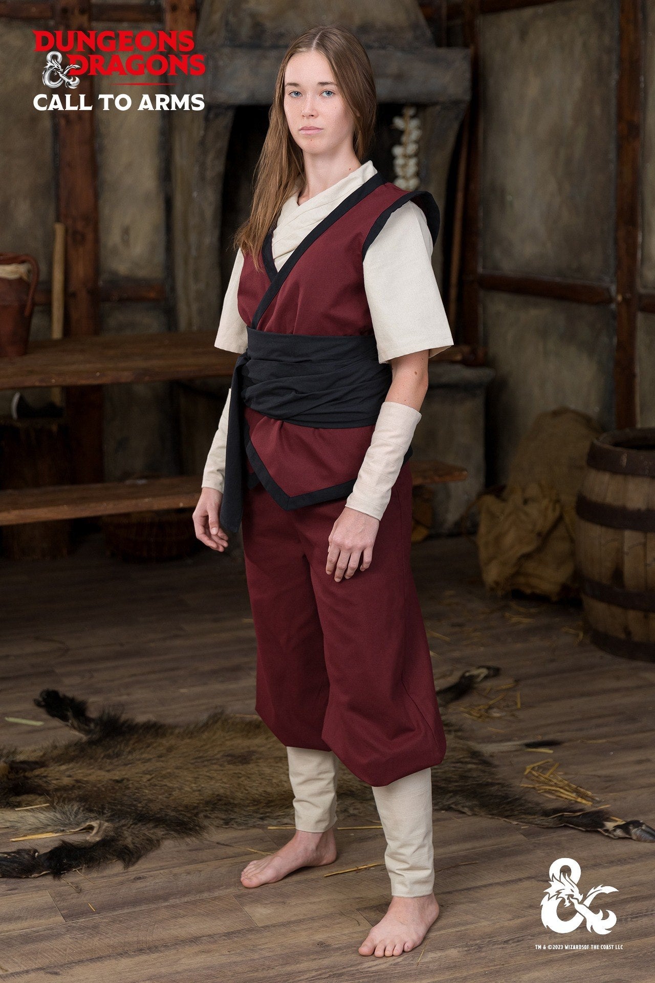 Dungeons & Dragons Monk Vest in Bordeaux and Black with contrast trims, showcasing a wrapped front design.