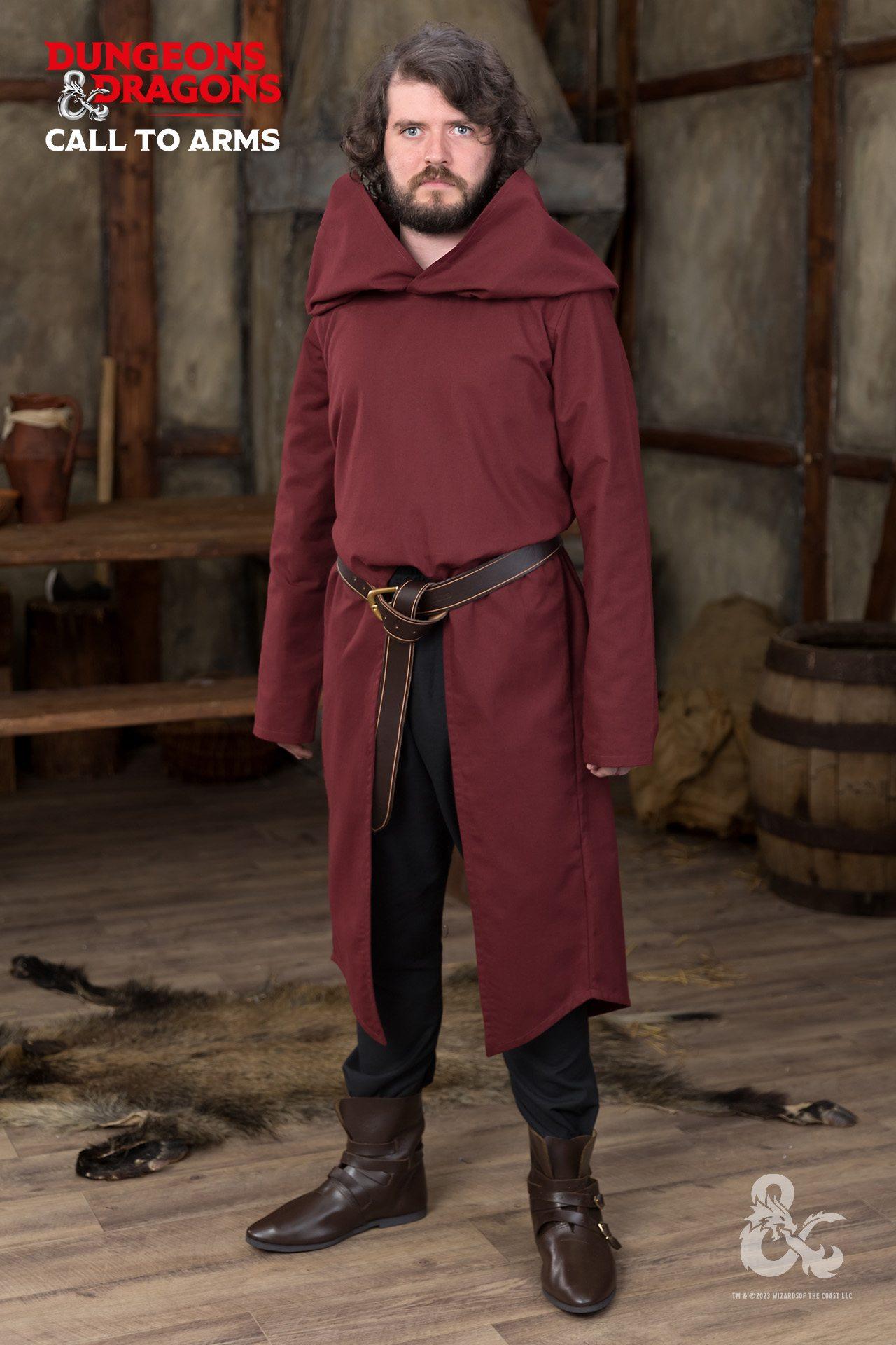 Dungeons & Dragons Paladin Hooded Tunic in Bordeaux with wide hood and high slits for movement.