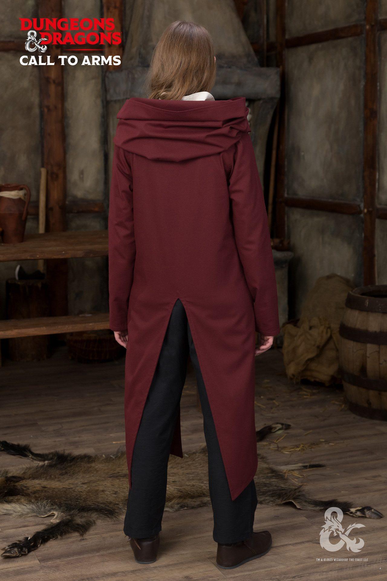 Dungeons & Dragons Paladin Hooded Tunic in Bordeaux with wide hood and high slits for movement.