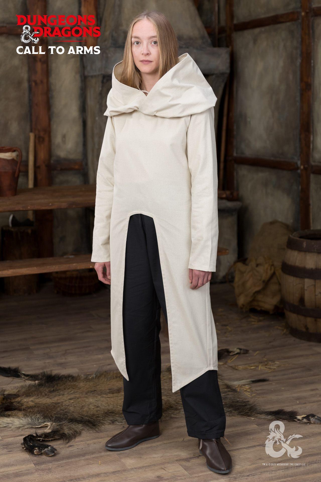 Dungeons & Dragons Paladin Hooded Tunic in white, featuring a wide hood and high slits for movement, perfect for cosplay and gaming.