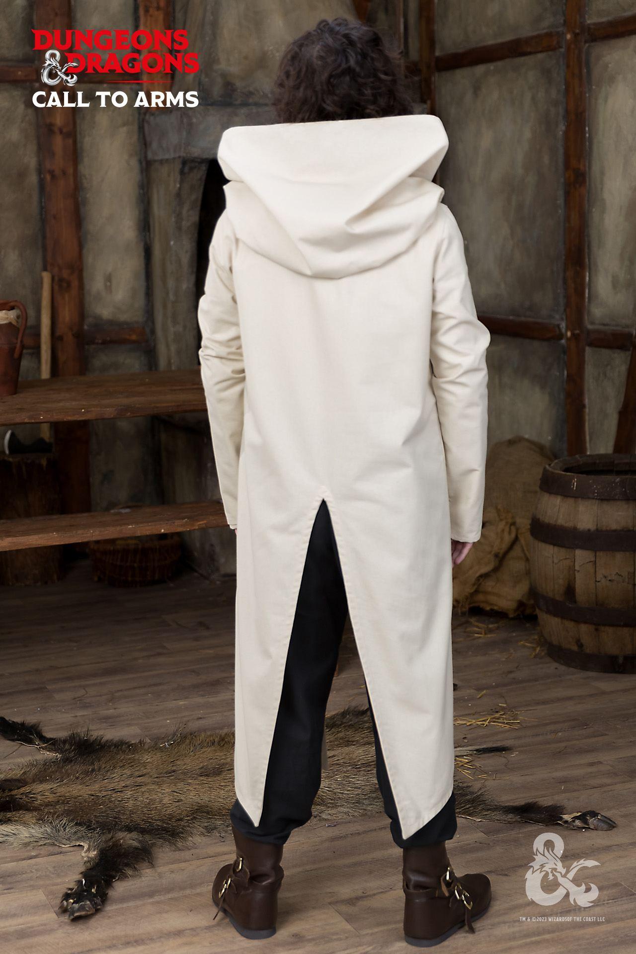 Dungeons & Dragons Paladin Hooded Tunic in white, featuring a wide hood and high slits for movement, perfect for cosplay and gaming.
