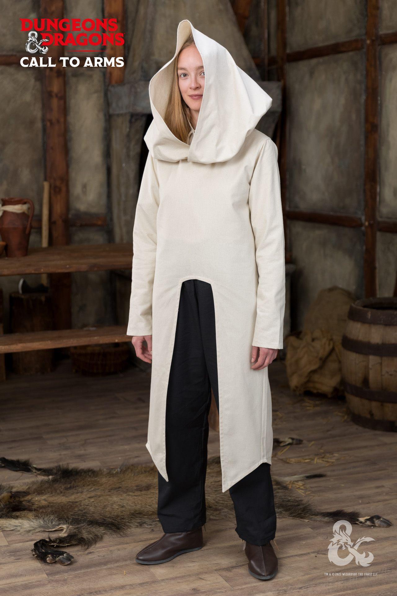 Dungeons & Dragons Paladin Hooded Tunic in white, featuring a wide hood and high slits for movement, perfect for cosplay and gaming.