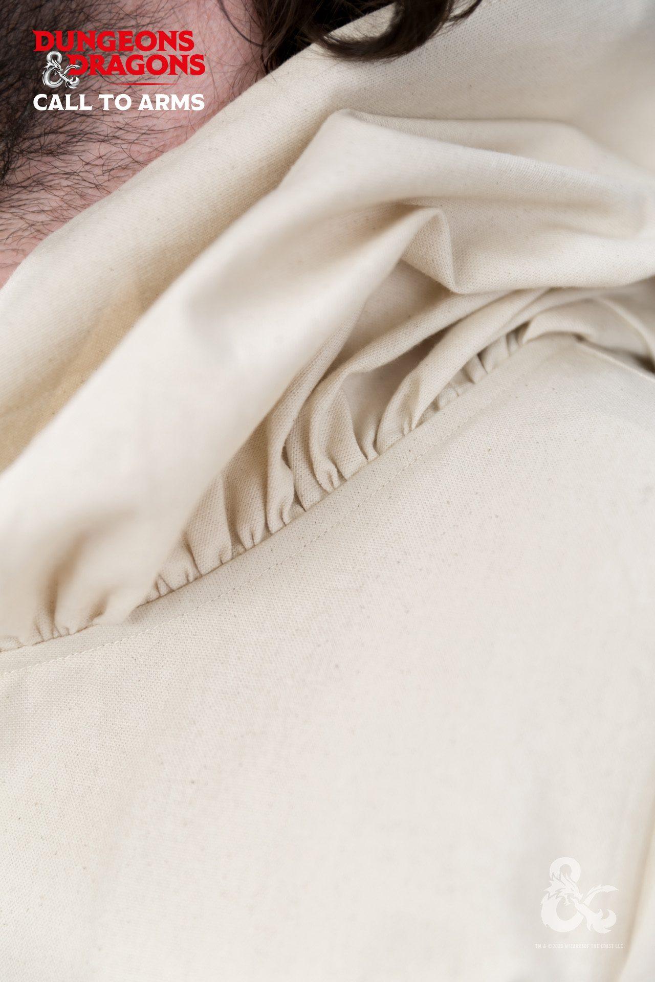 Dungeons & Dragons Paladin Hooded Tunic in white, featuring a wide hood and high slits for movement, perfect for cosplay and gaming.