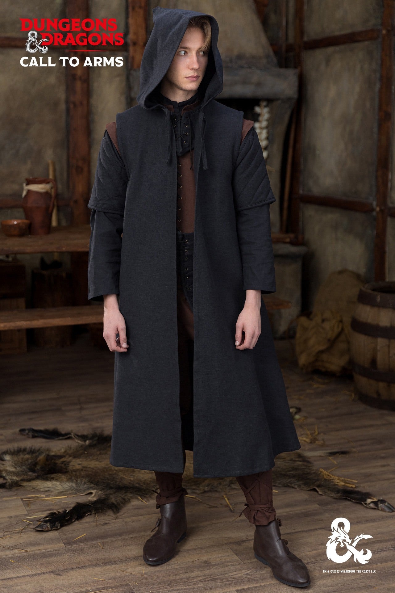 Black Dungeons & Dragons Ranger Coat with hood and drawstrings, designed for outdoor adventures.