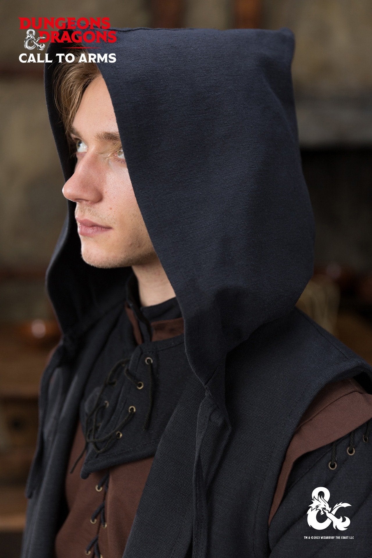 Black Dungeons & Dragons Ranger Coat with hood and drawstrings, designed for outdoor adventures.