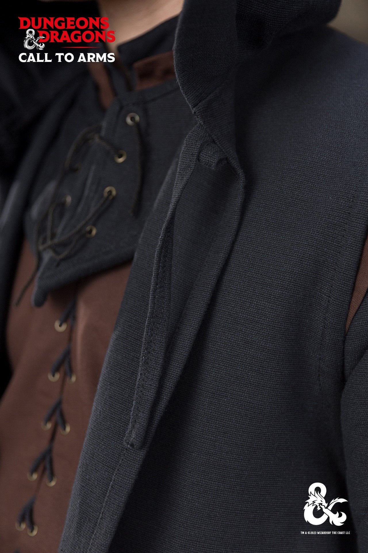 Black Dungeons & Dragons Ranger Coat with hood and drawstrings, designed for outdoor adventures.