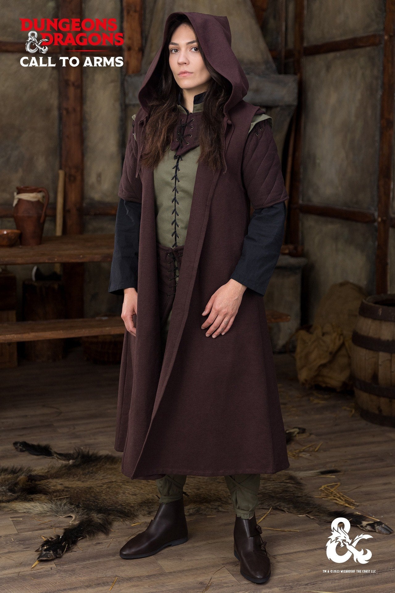 Brown Dungeons & Dragons Ranger Coat with hood and drawstrings, designed for outdoor adventures.