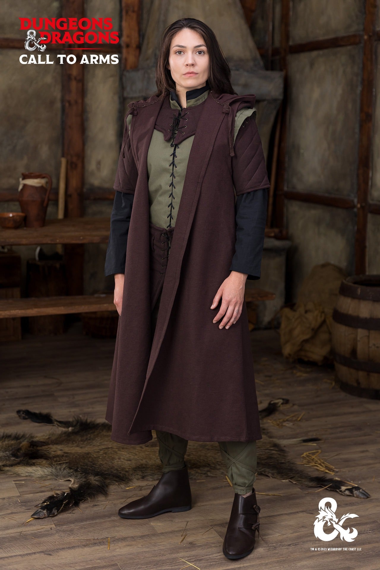 Brown Dungeons & Dragons Ranger Coat with hood and drawstrings, designed for outdoor adventures.