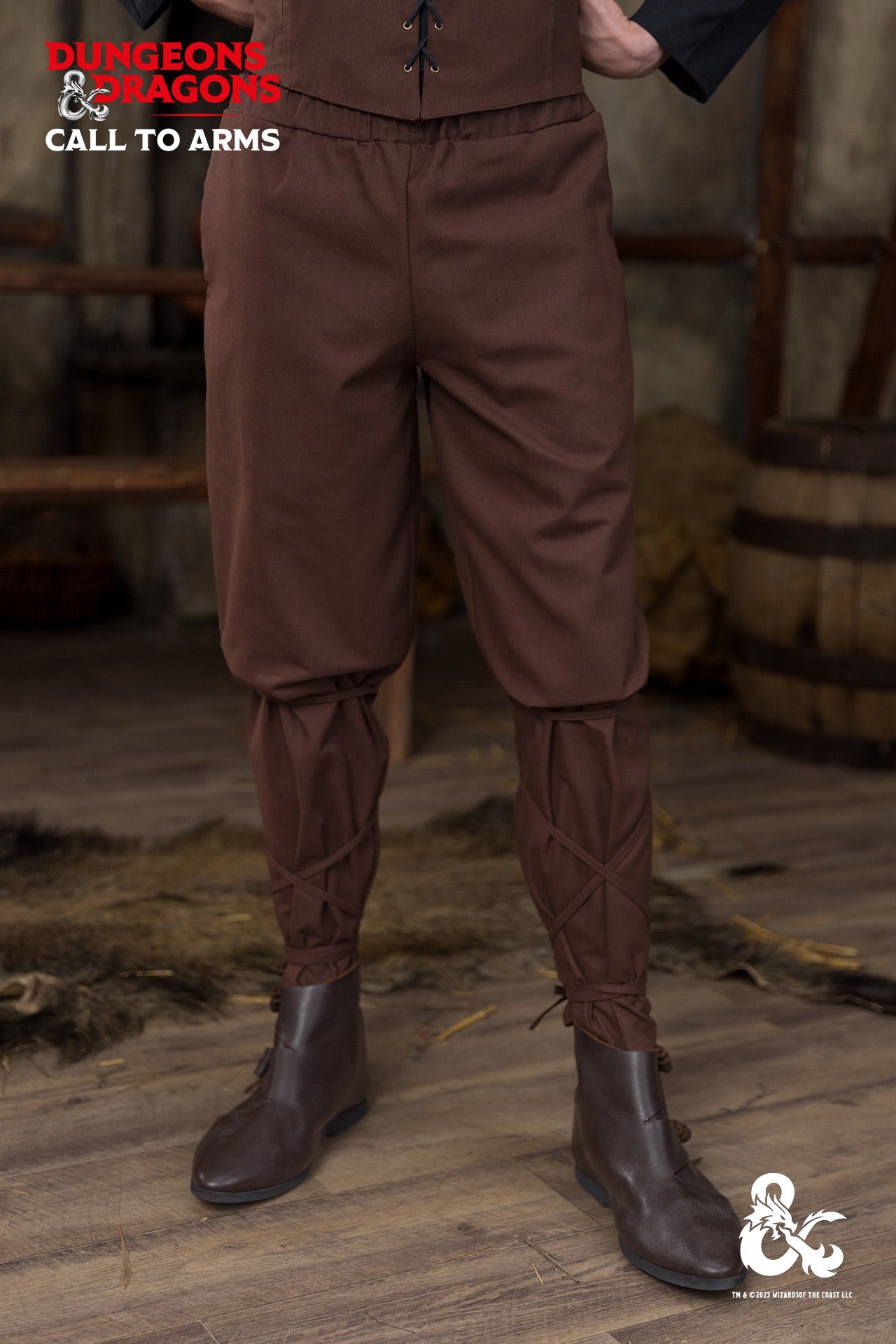 Brown Dungeons & Dragons Ranger Trousers with elastic waistband and unique lacing below the knees, featuring side seam pockets.