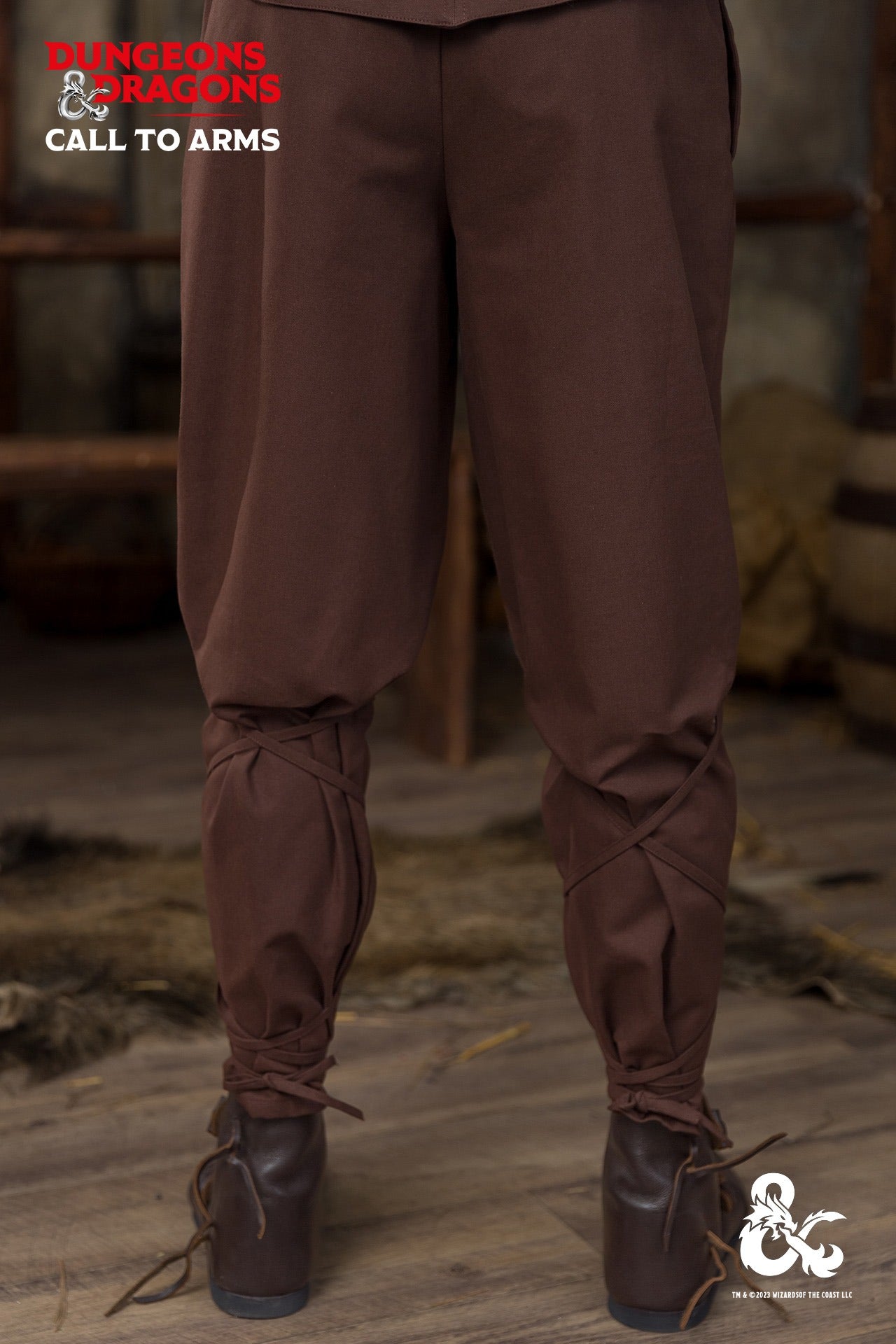 Brown Dungeons & Dragons Ranger Trousers with elastic waistband and unique lacing below the knees, featuring side seam pockets.