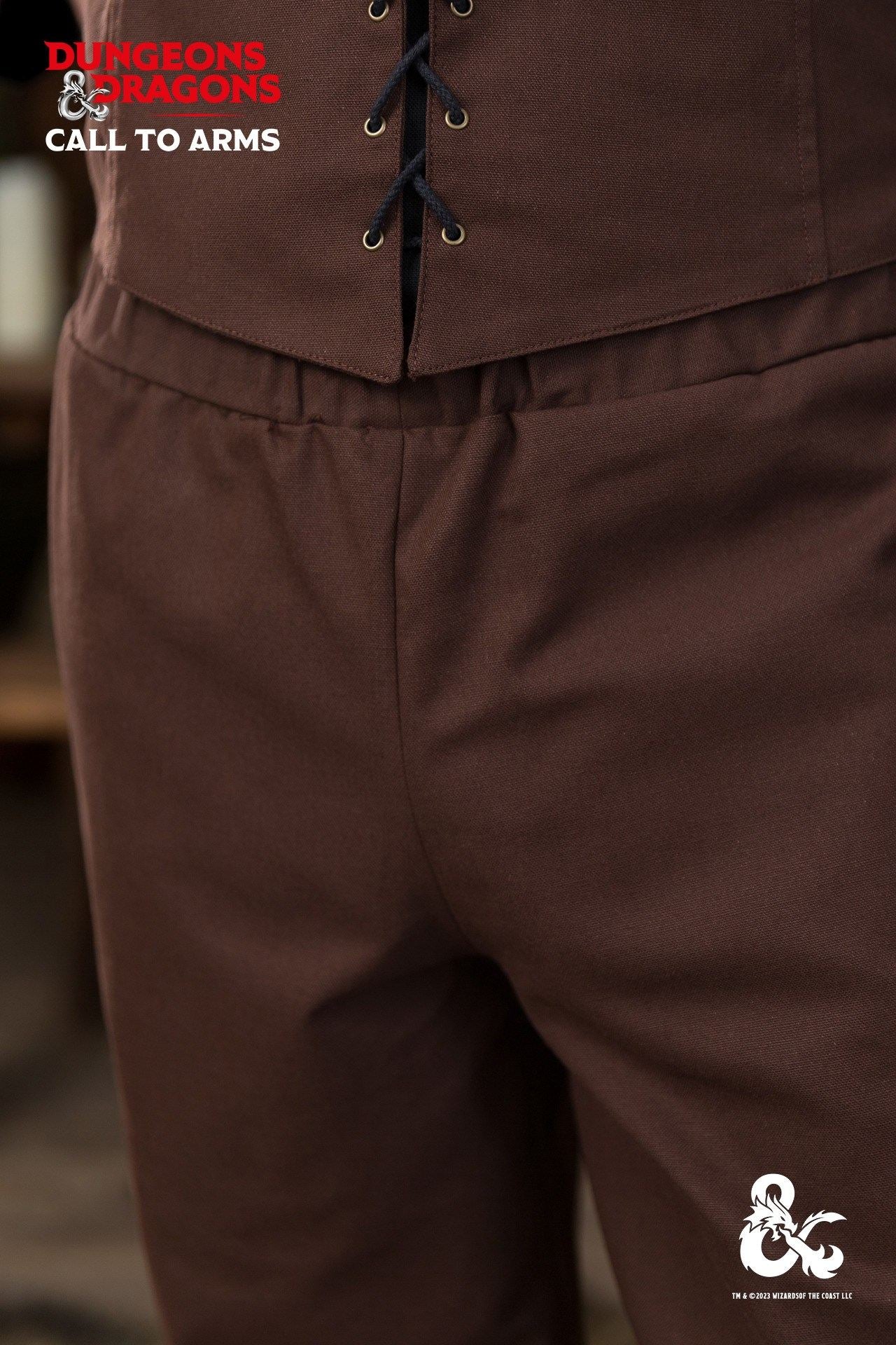 Brown Dungeons & Dragons Ranger Trousers with elastic waistband and unique lacing below the knees, featuring side seam pockets.
