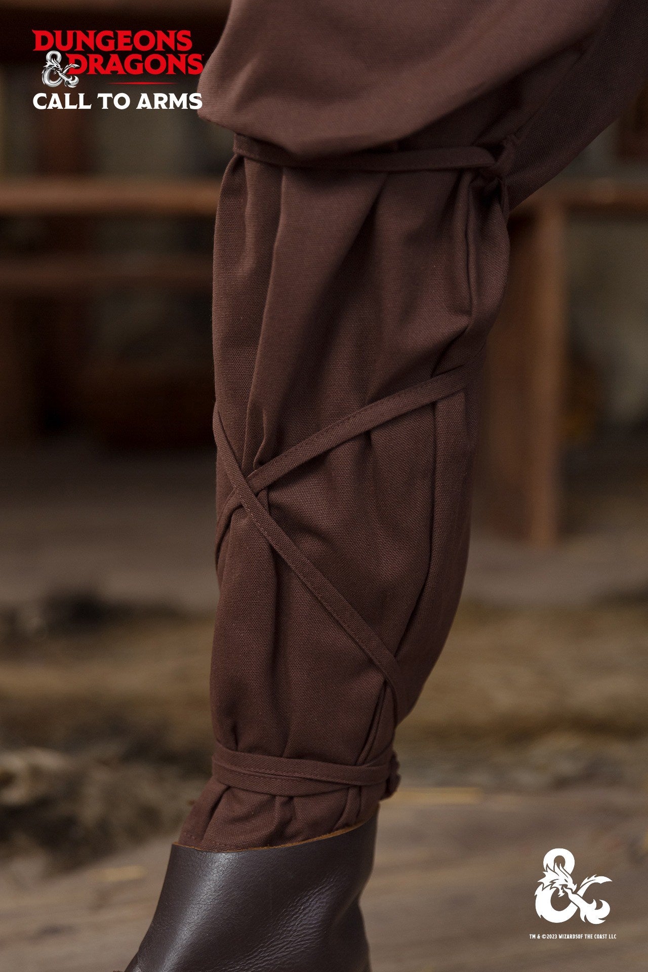 Brown Dungeons & Dragons Ranger Trousers with elastic waistband and unique lacing below the knees, featuring side seam pockets.