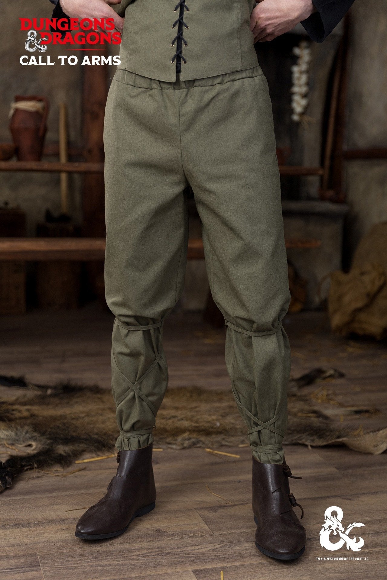 Dungeons & Dragons Ranger Trousers in Seaweed color, featuring an elastic waistband, side seam pockets, and unique lacing below the knees.