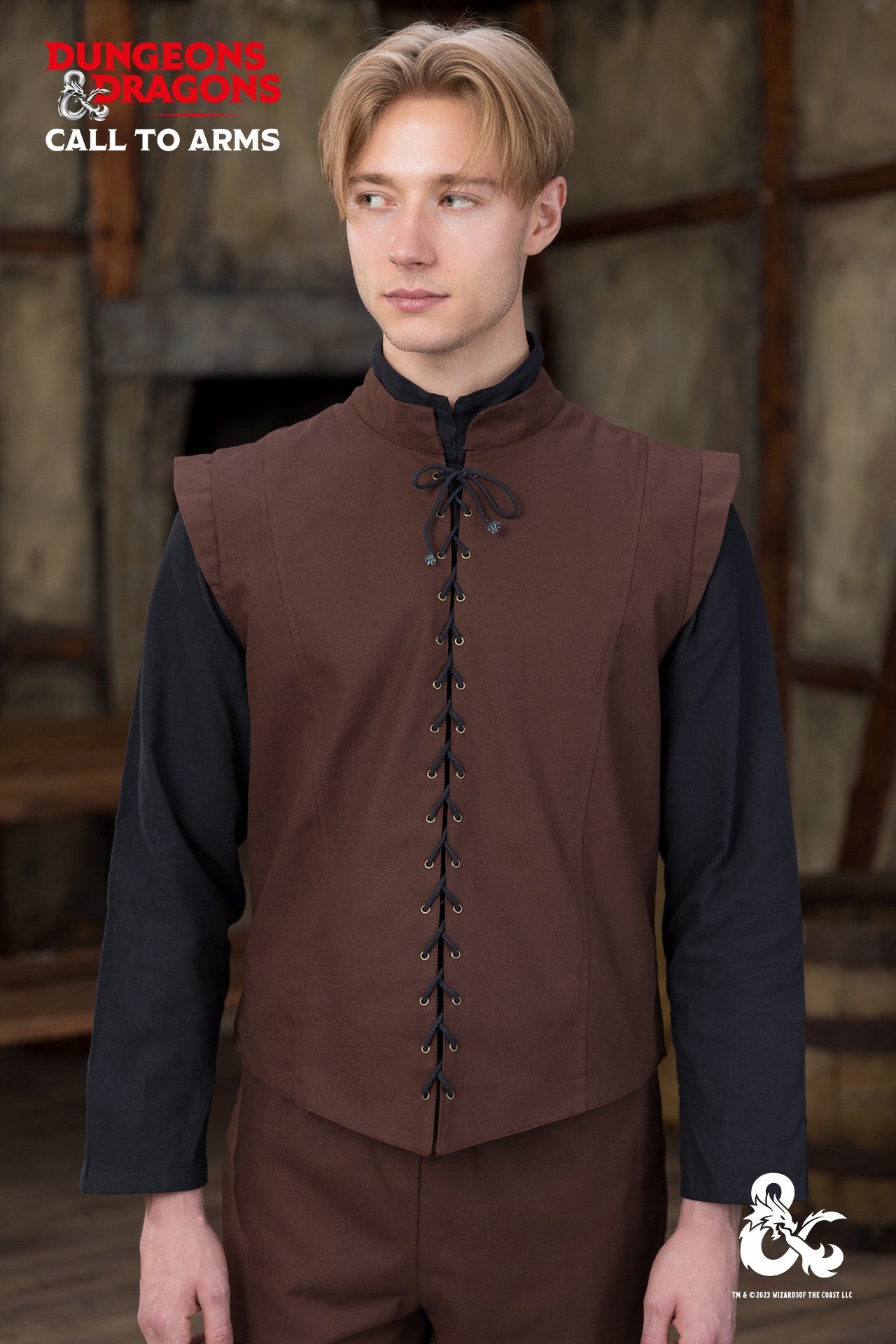 Brown Dungeons & Dragons Ranger Vest featuring a stand-up collar and customizable lacing for an authentic ranger look.