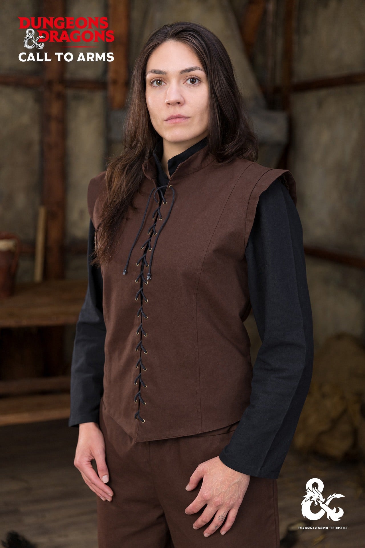 Brown Dungeons & Dragons Ranger Vest featuring a stand-up collar and customizable lacing for an authentic ranger look.