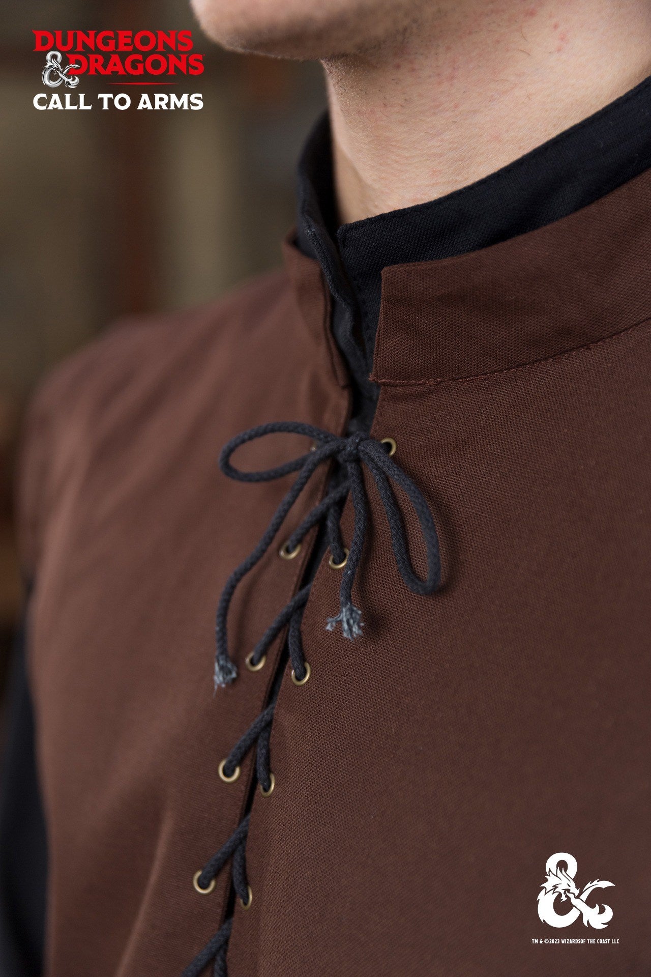 Brown Dungeons & Dragons Ranger Vest featuring a stand-up collar and customizable lacing for an authentic ranger look.